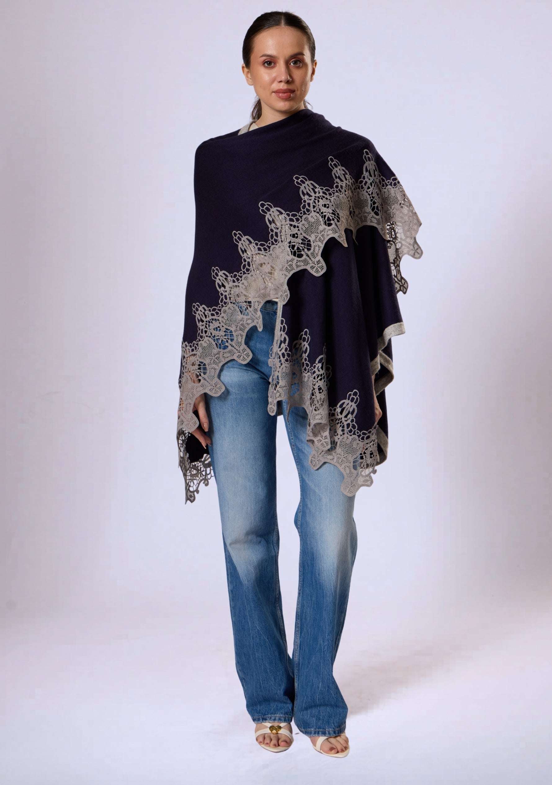 Maneesha Ruia navy blue wool cape with light gray lace, luxury designer cape for women