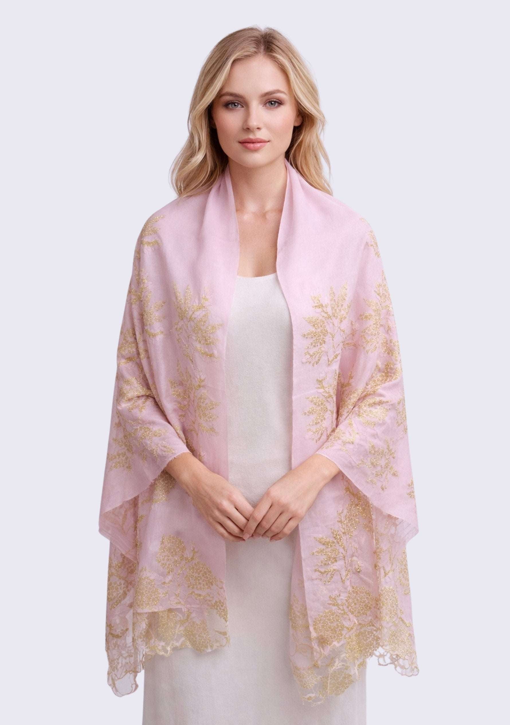 Maneesha Ruia pale pink wool and silk scarf with gold lace, luxury designer scarf for women