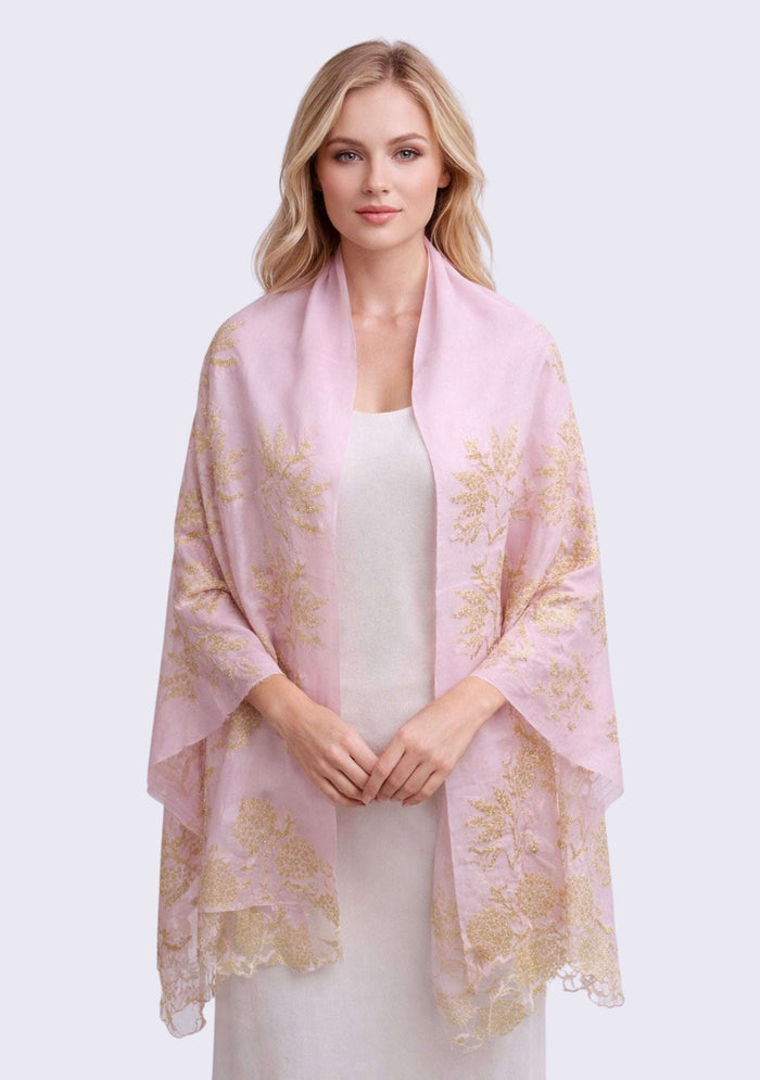 Maneesha Ruia pale pink wool and silk scarf with gold lace, luxury designer scarf for women