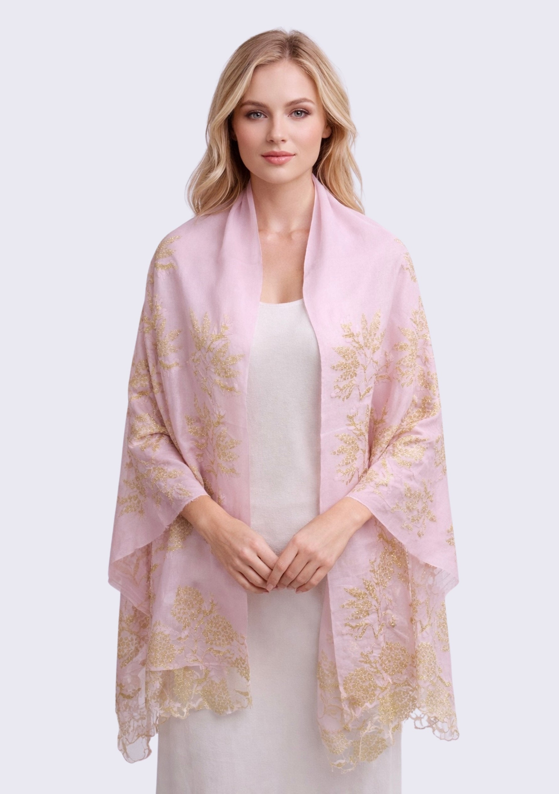 Maneesha Ruia pale pink wool and silk scarf with gold lace, luxury designer scarf for women