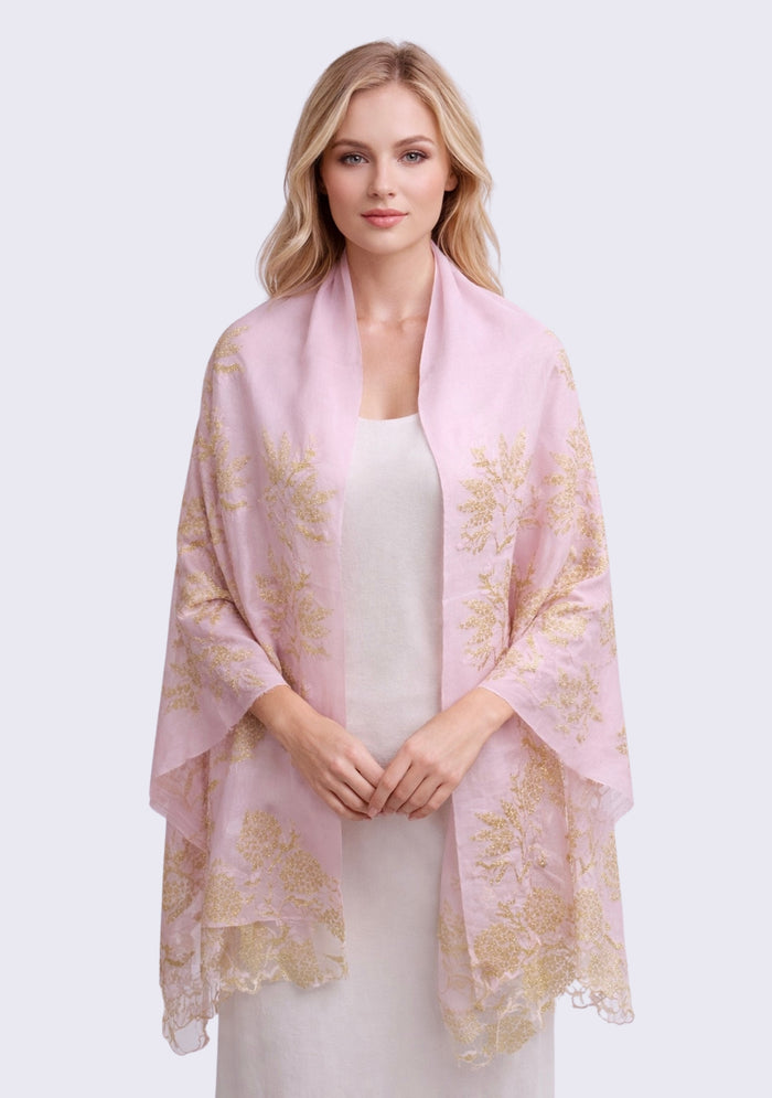 Maneesha Ruia pale pink wool and silk scarf with gold lace, luxury designer scarf for women