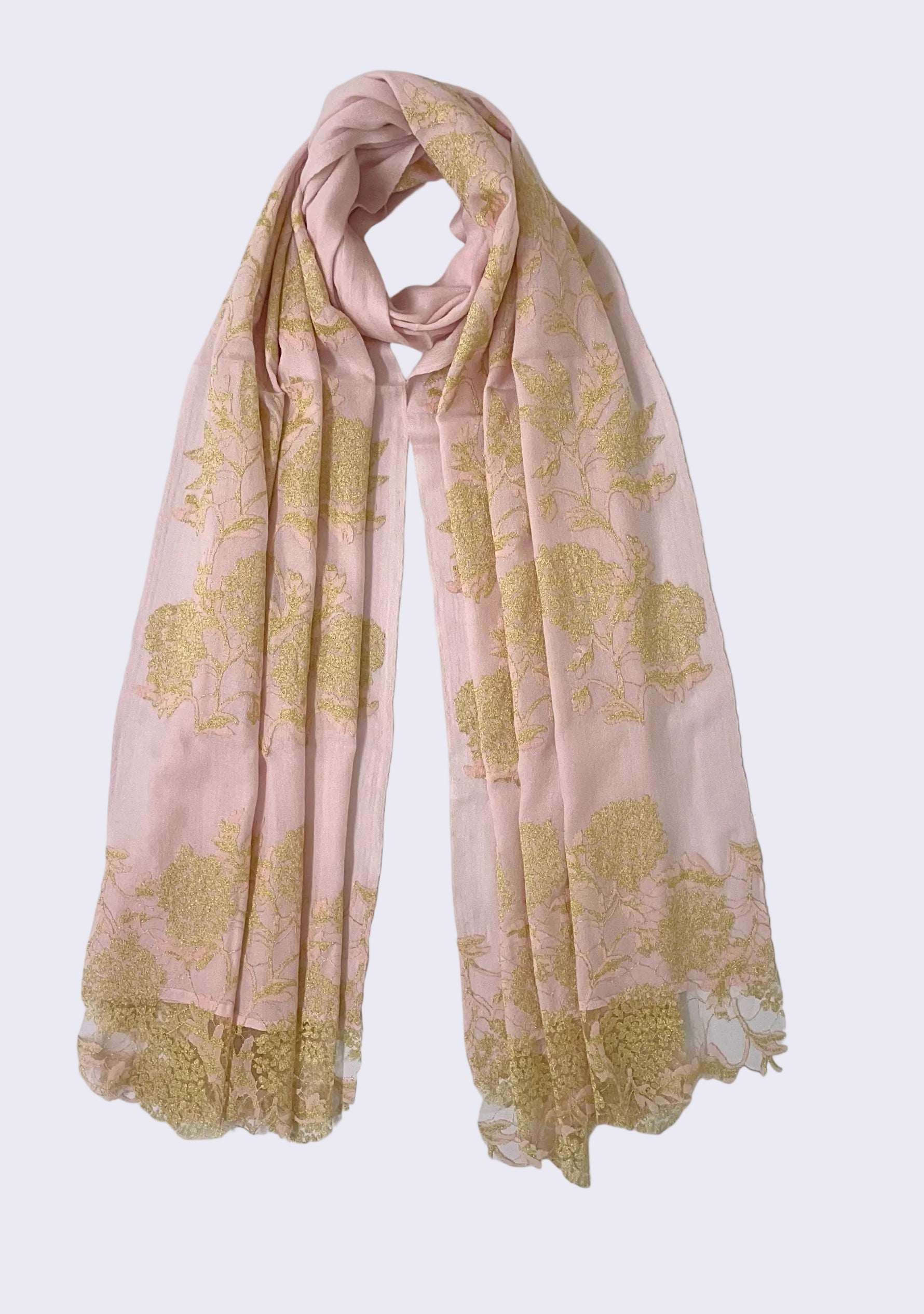 Maneesha Ruia pale pink wool and silk scarf with gold lace, luxury designer scarf for women