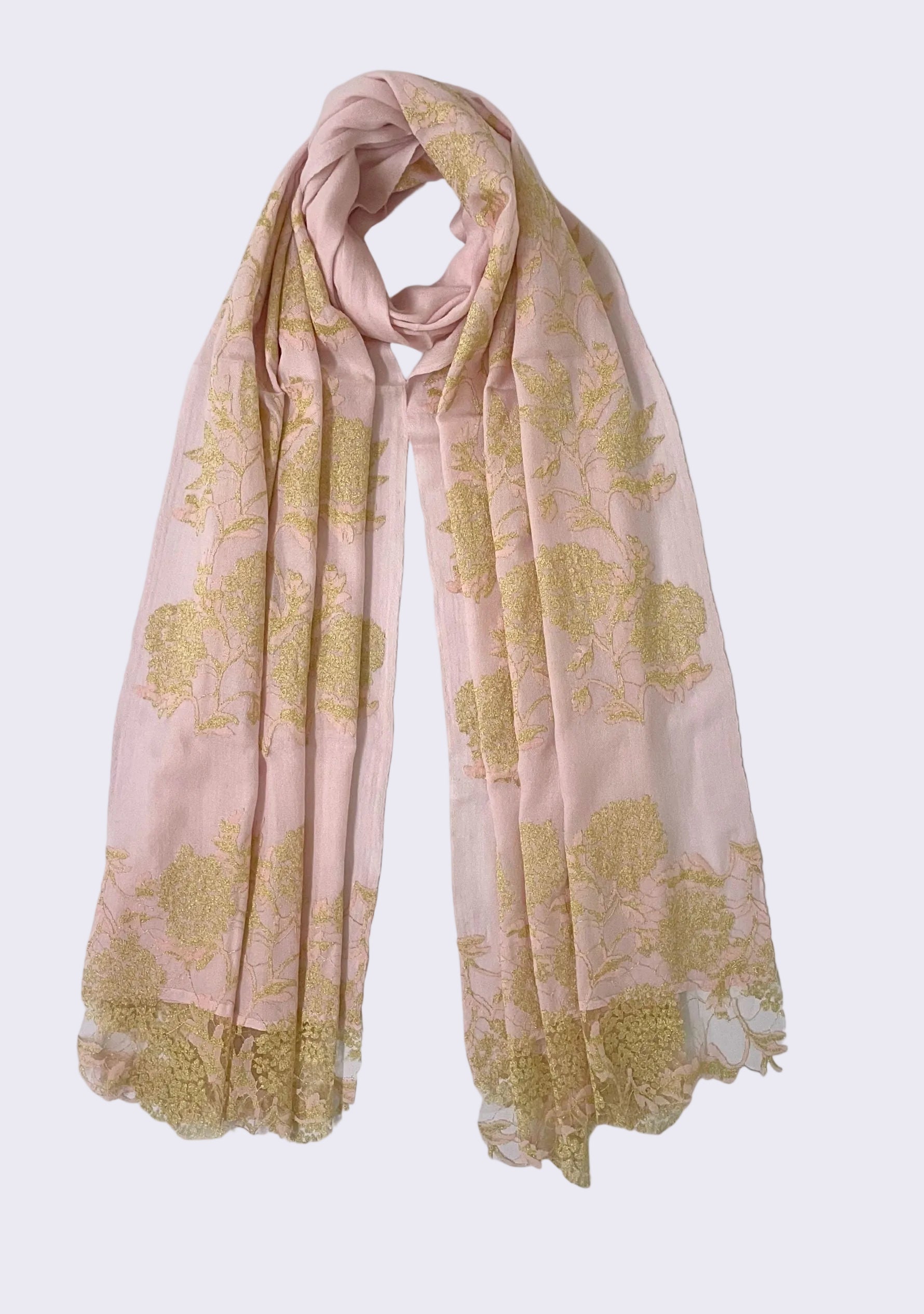 Maneesha Ruia pale pink wool and silk scarf with gold lace, luxury designer scarf for women
