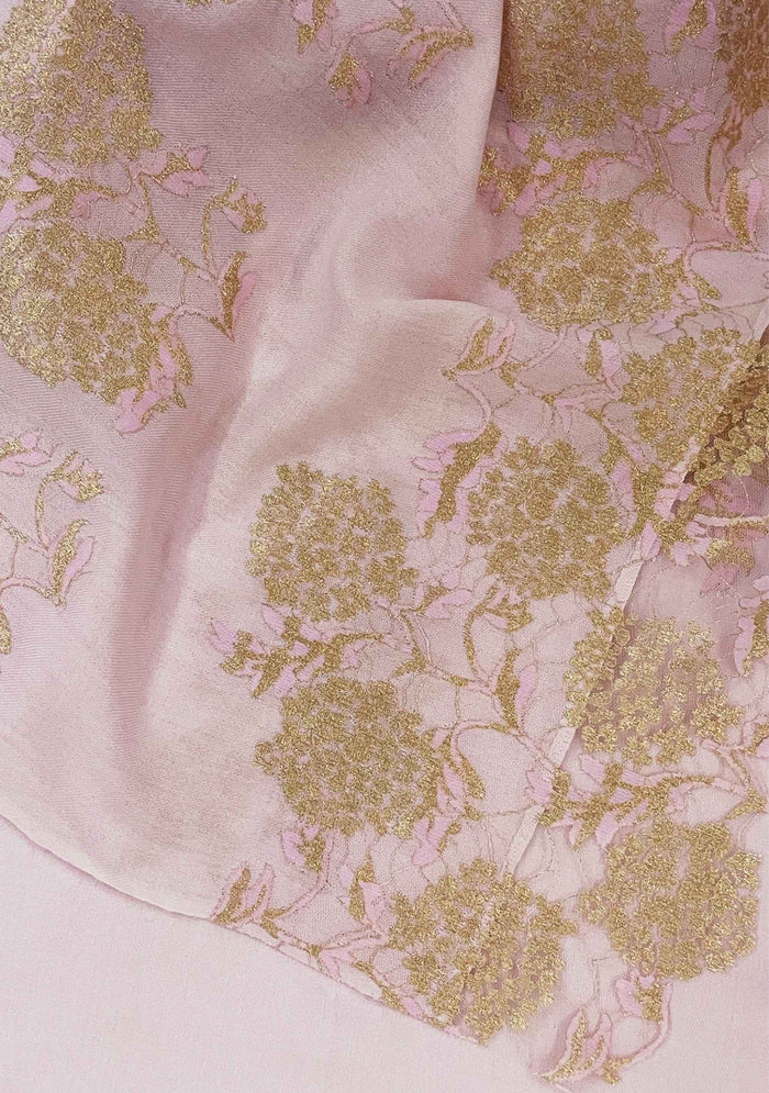 Maneesha Ruia pale pink wool and silk scarf with gold lace, luxury designer scarf for women