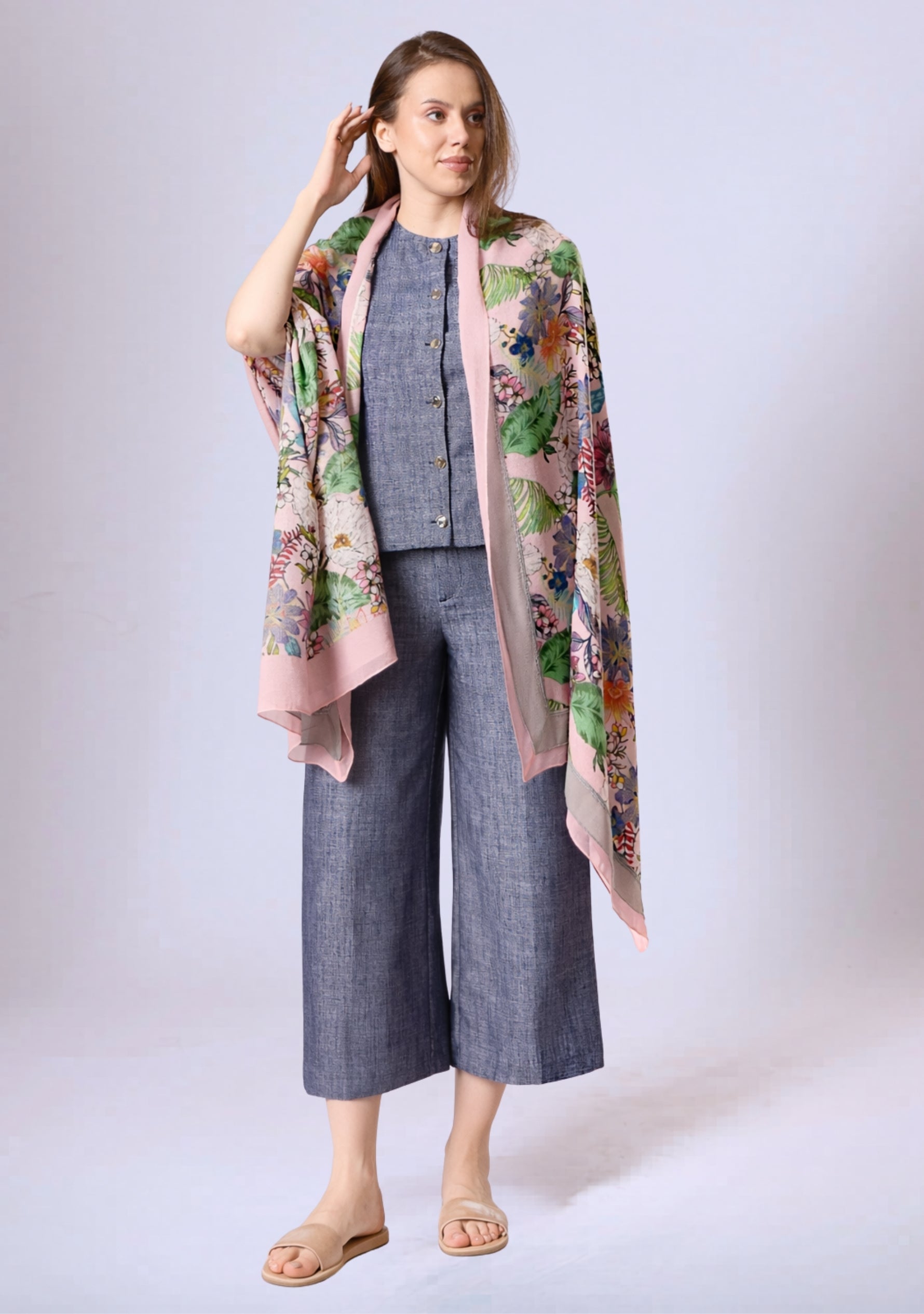 Pink Botanical Print Wool & Silk Scarf Pink & Mousse Double Georgette and Filigree Lace Border