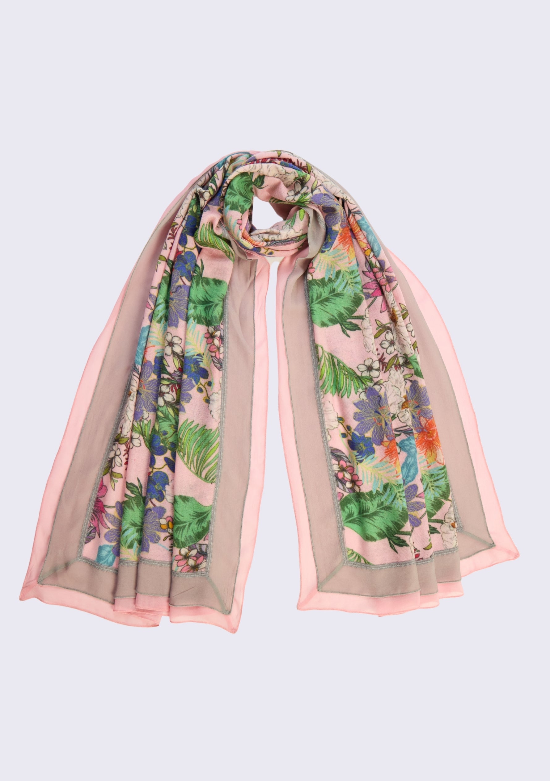 Pink Botanical Wool Silk Scarf flat lay – botanical print with delicate lace detail