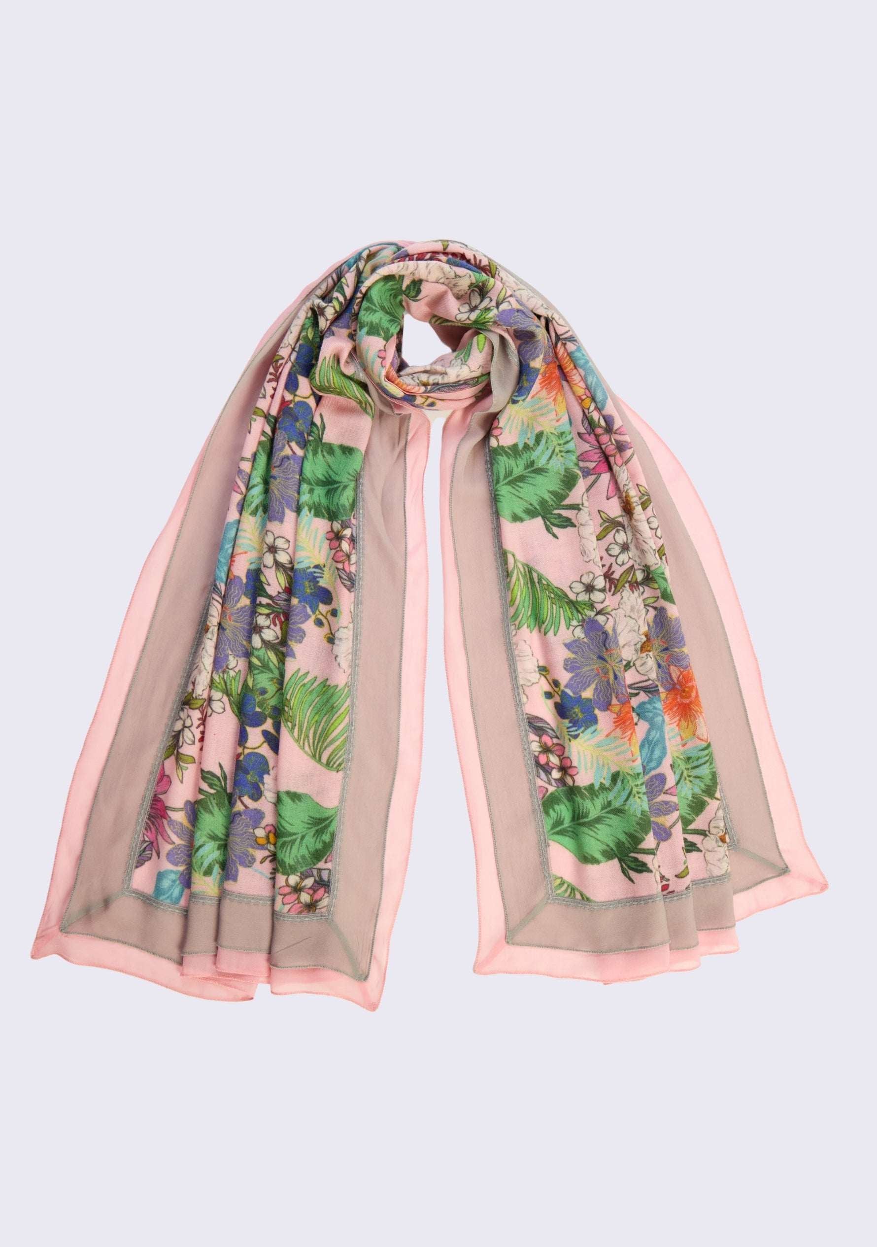 Pink Botanical Wool Silk Scarf flat lay – botanical print with delicate lace detail
