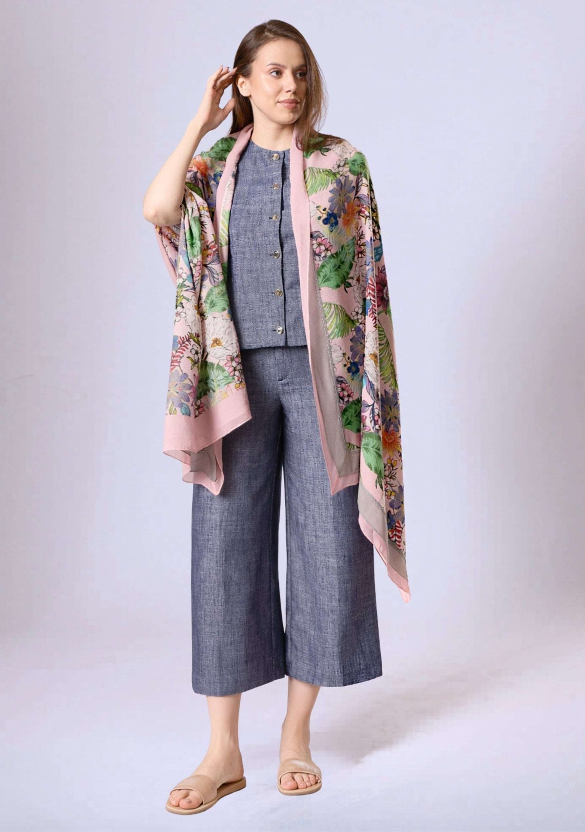 Pink Botanical Print Wool & Silk Scarf Pink & Mousse Double Georgette and Filigree Lace Border