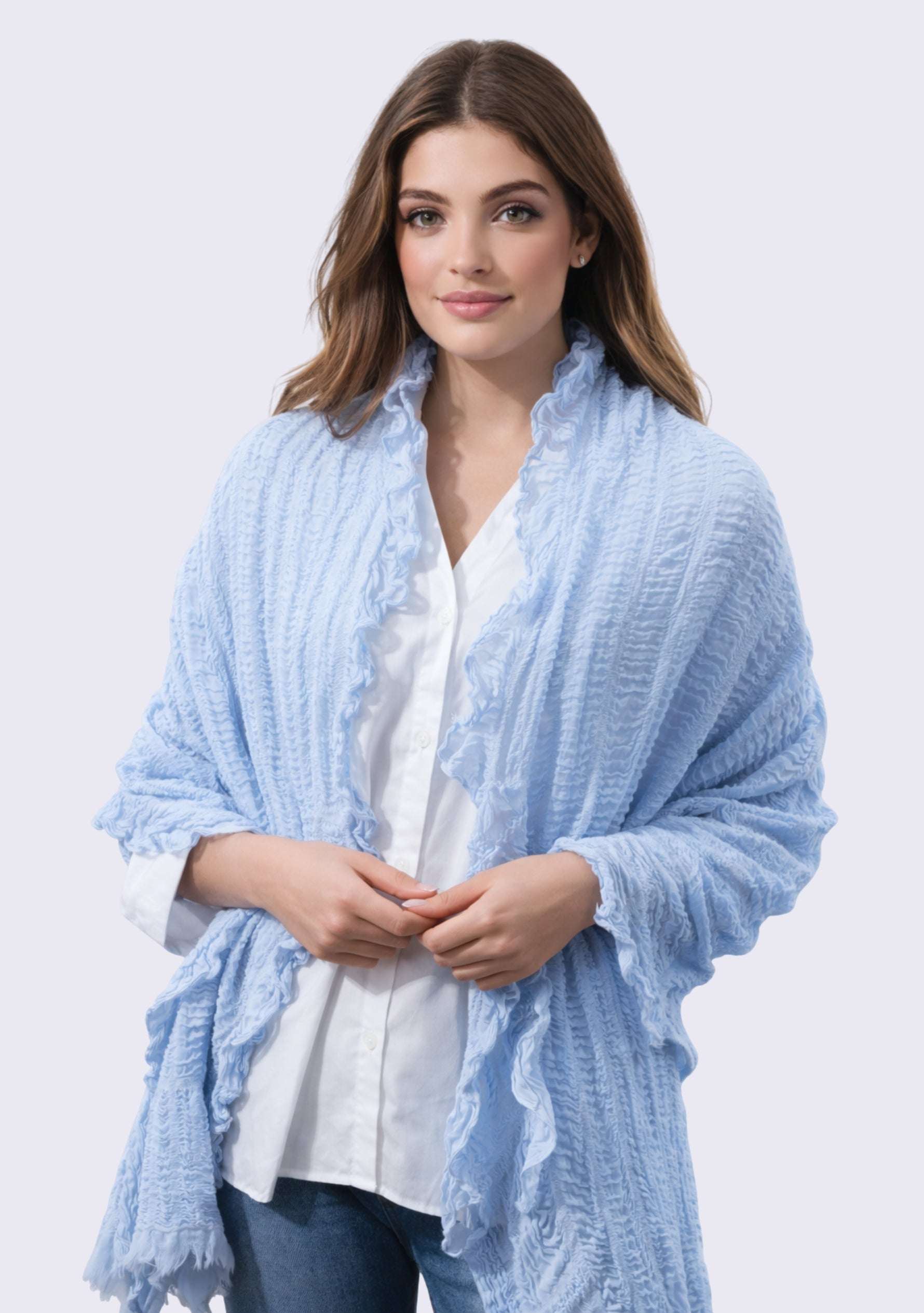 Maneesha Ruia powder blue fine wool stretchable crinkle scarf, lightweight luxury designer scarf for women