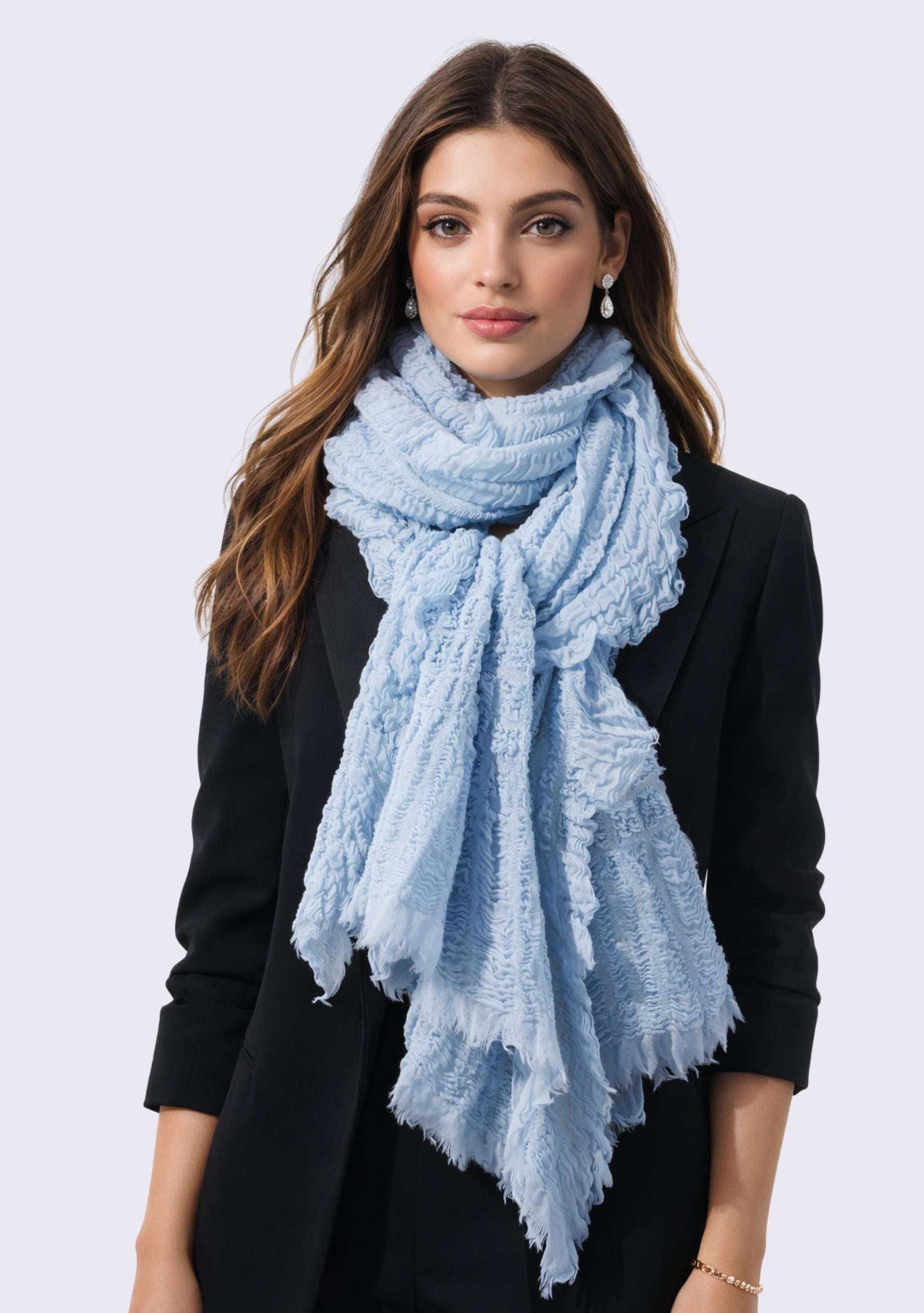 Maneesha Ruia powder blue fine wool stretchable crinkle scarf, lightweight luxury designer scarf for women