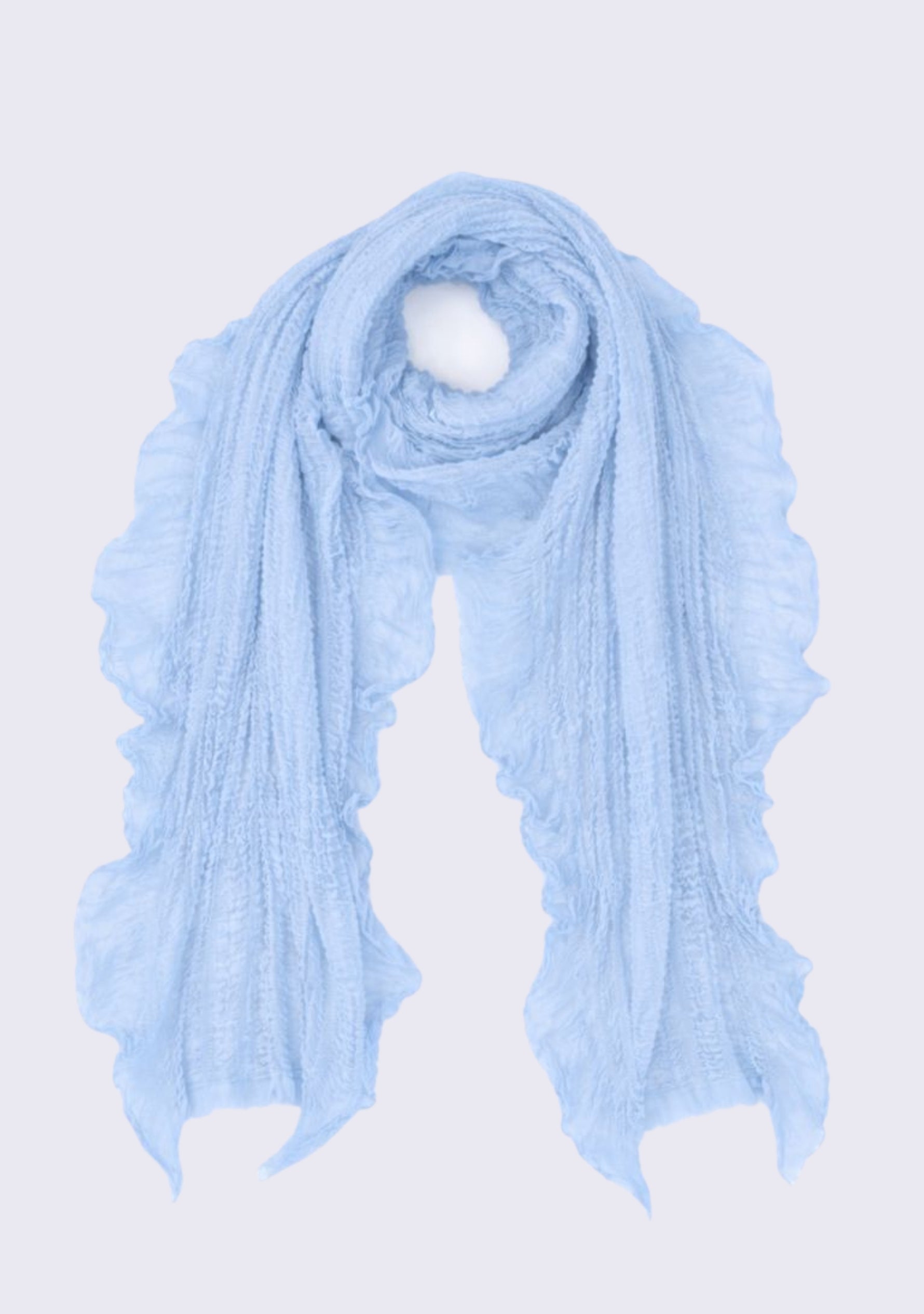 Maneesha Ruia powder blue fine wool stretchable crinkle scarf, lightweight luxury designer scarf for women
