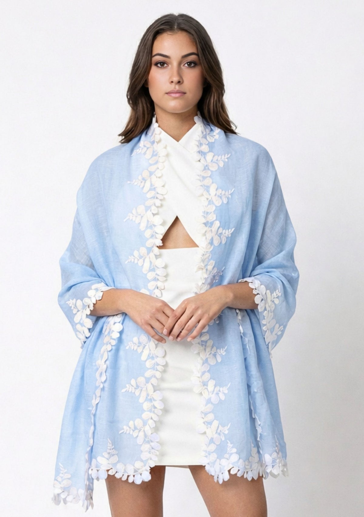 Woman wearing a Powder Blue Linen & Modal Scarf Ivory Lace