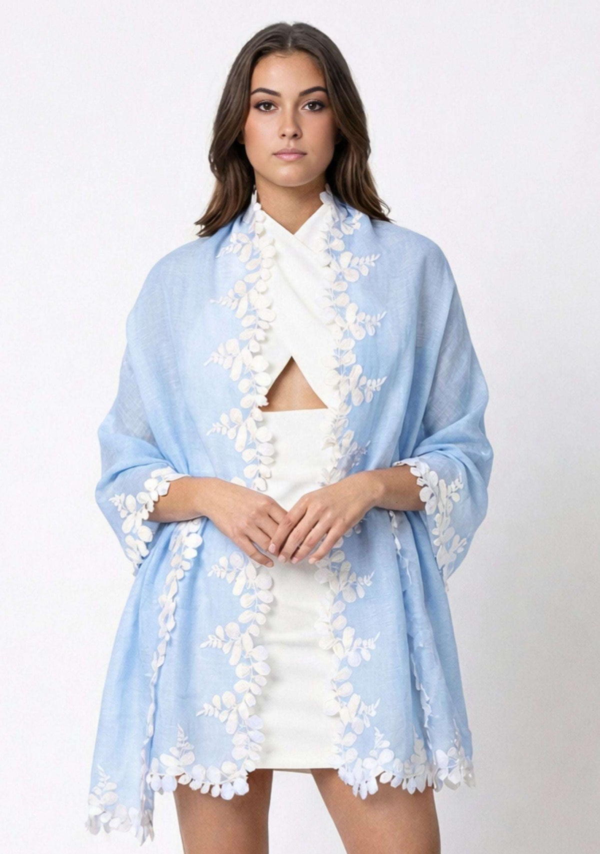 Woman wearing a Powder Blue Linen & Modal Scarf Ivory Lace