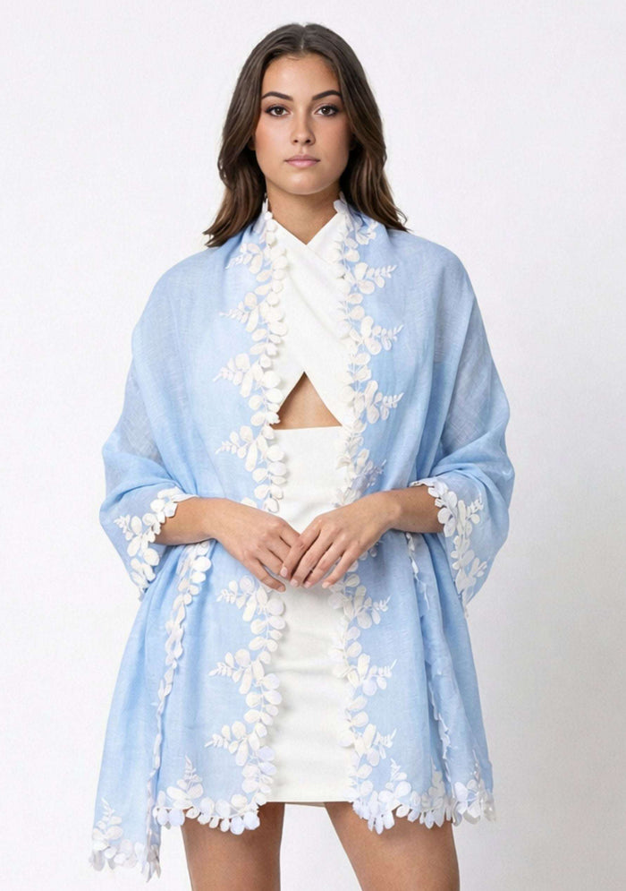 Woman wearing a Powder Blue Linen & Modal Scarf Ivory Lace