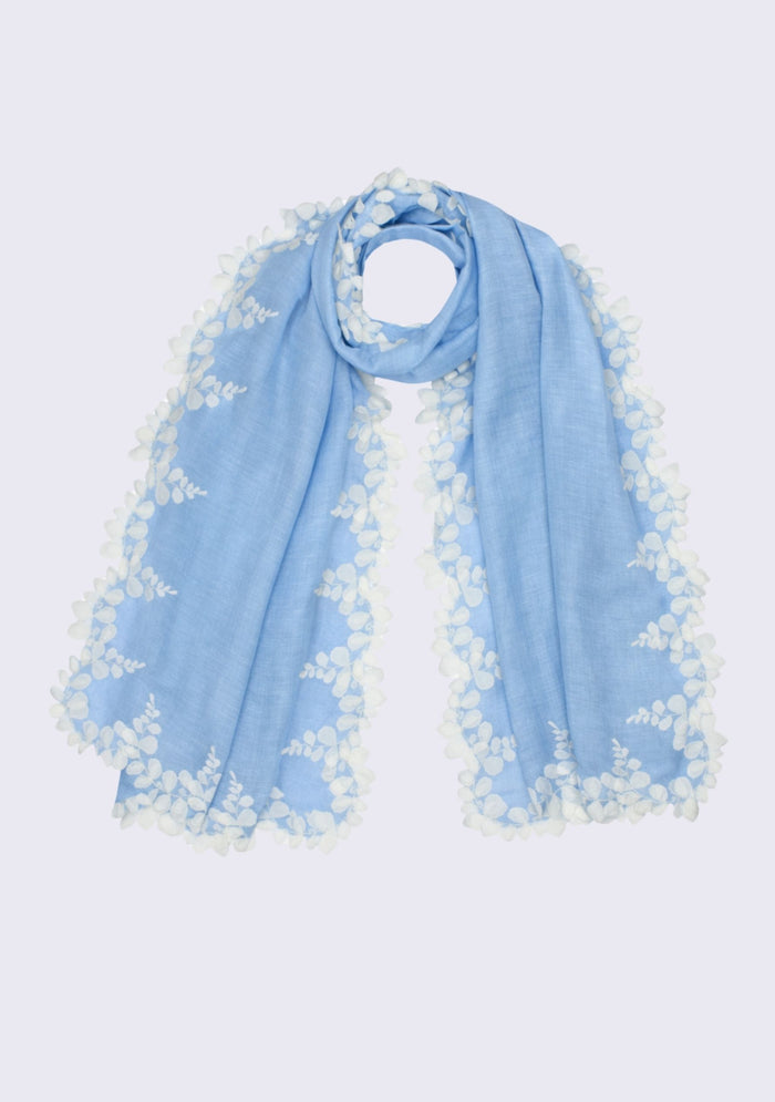 Woman wearing a Powder Blue Linen & Modal Scarf Ivory Lace
