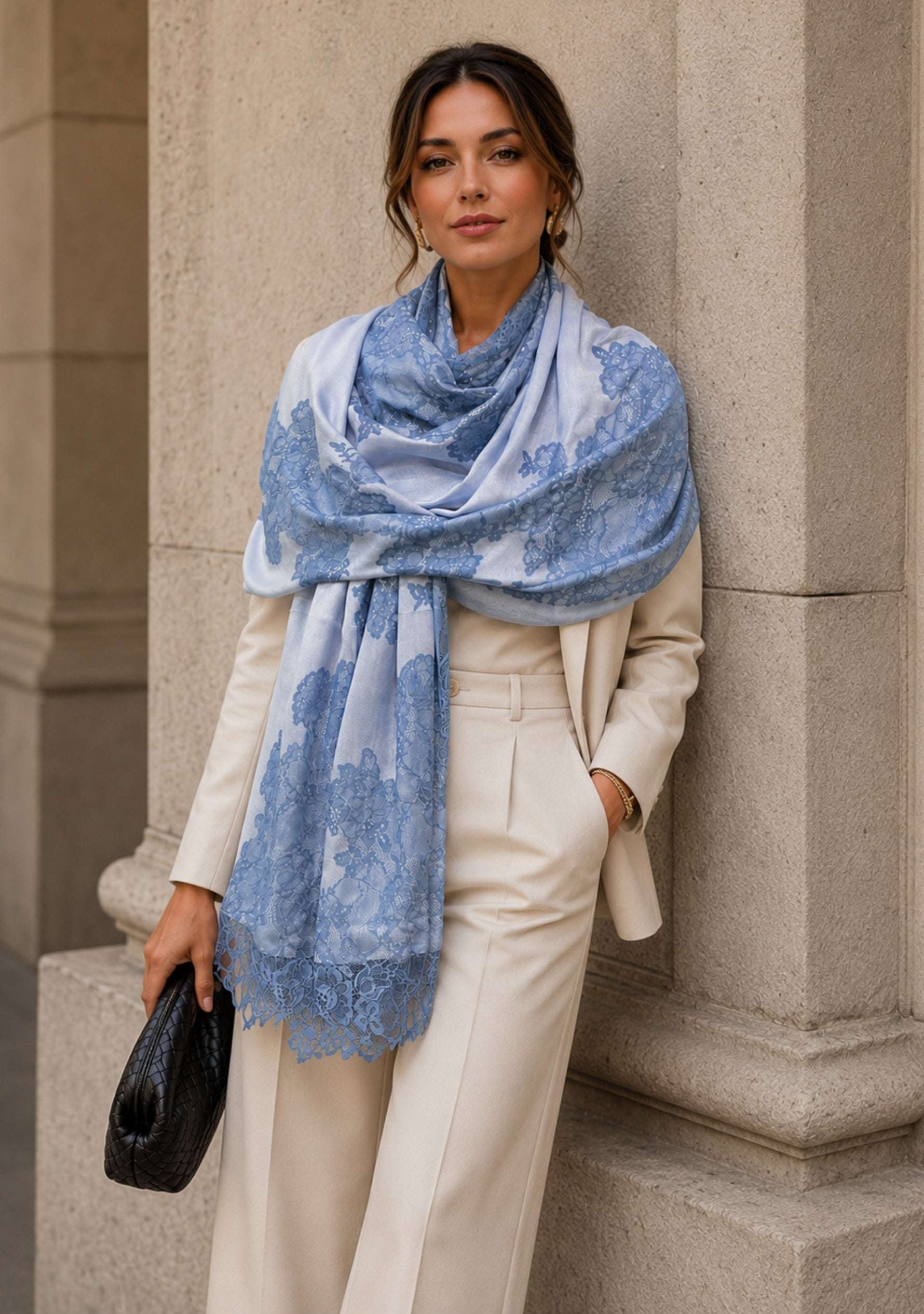 Powder Blue Modal Scarf Steel Blue Lace