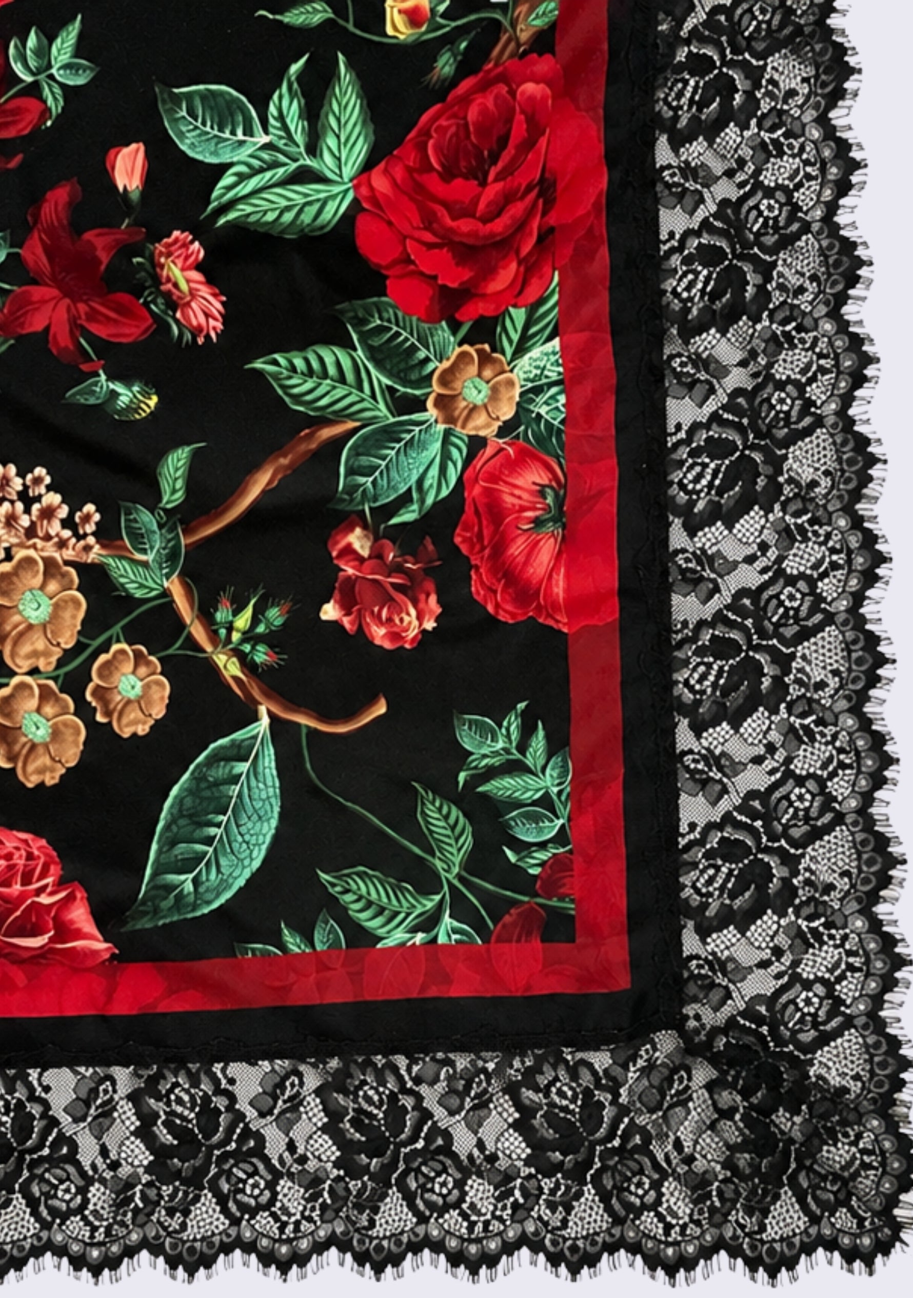 Maneesha Ruia Red Roses Print Silk Square Scarf — red rose print with black lace border in silk twill