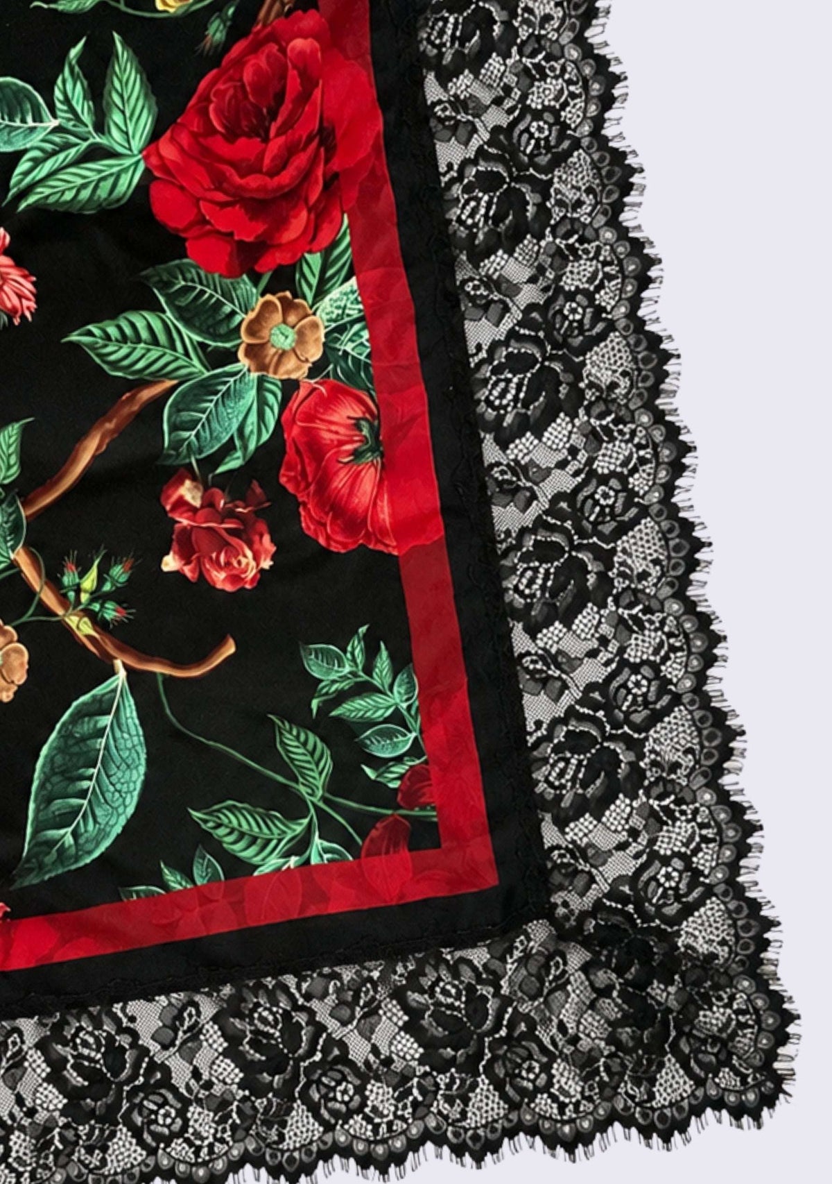 Maneesha Ruia Red Roses Print Silk Square Scarf — red rose print with black lace border in silk twill
