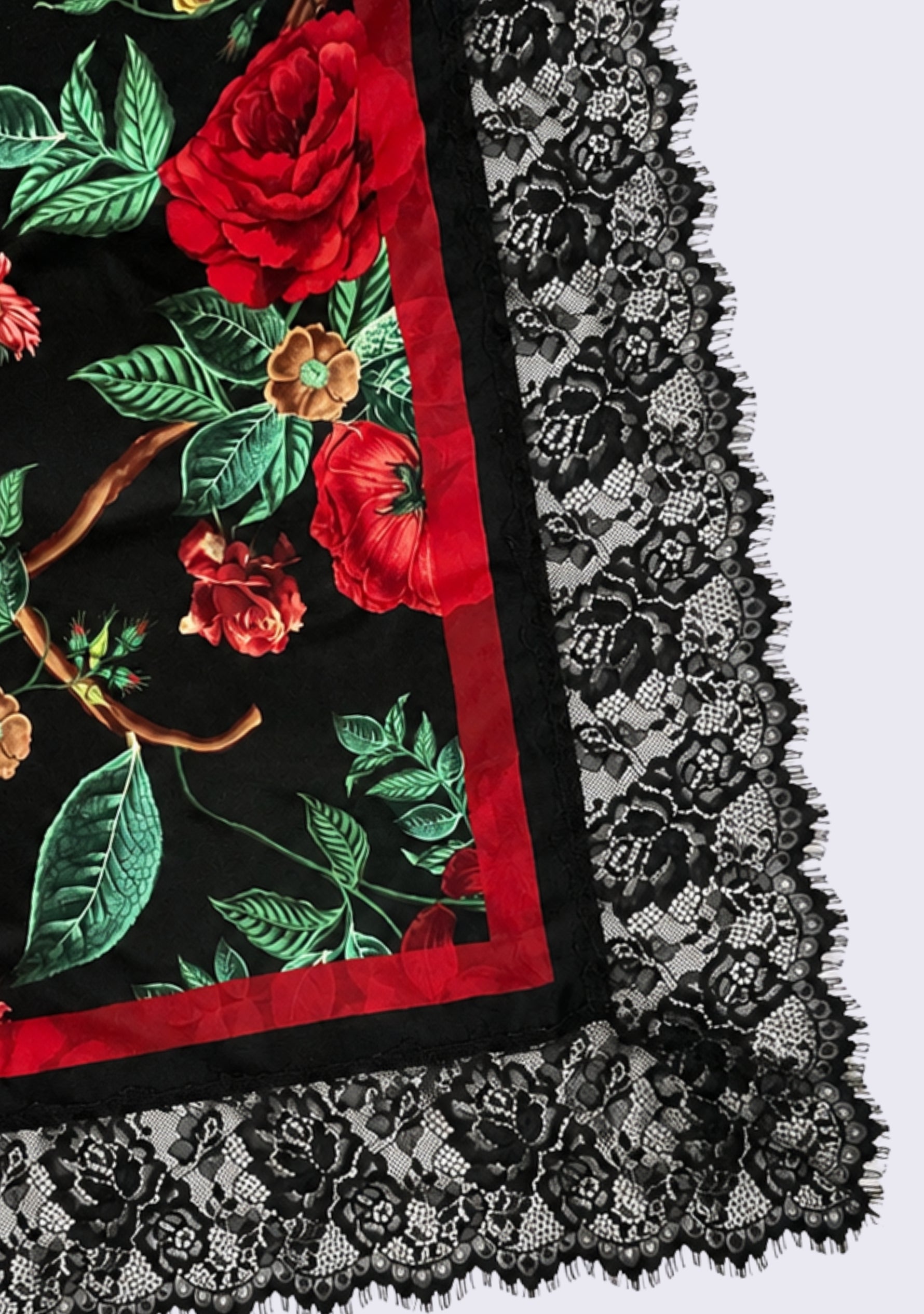 Maneesha Ruia Red Roses Print Silk Square Scarf — red rose print with black lace border in silk twill
