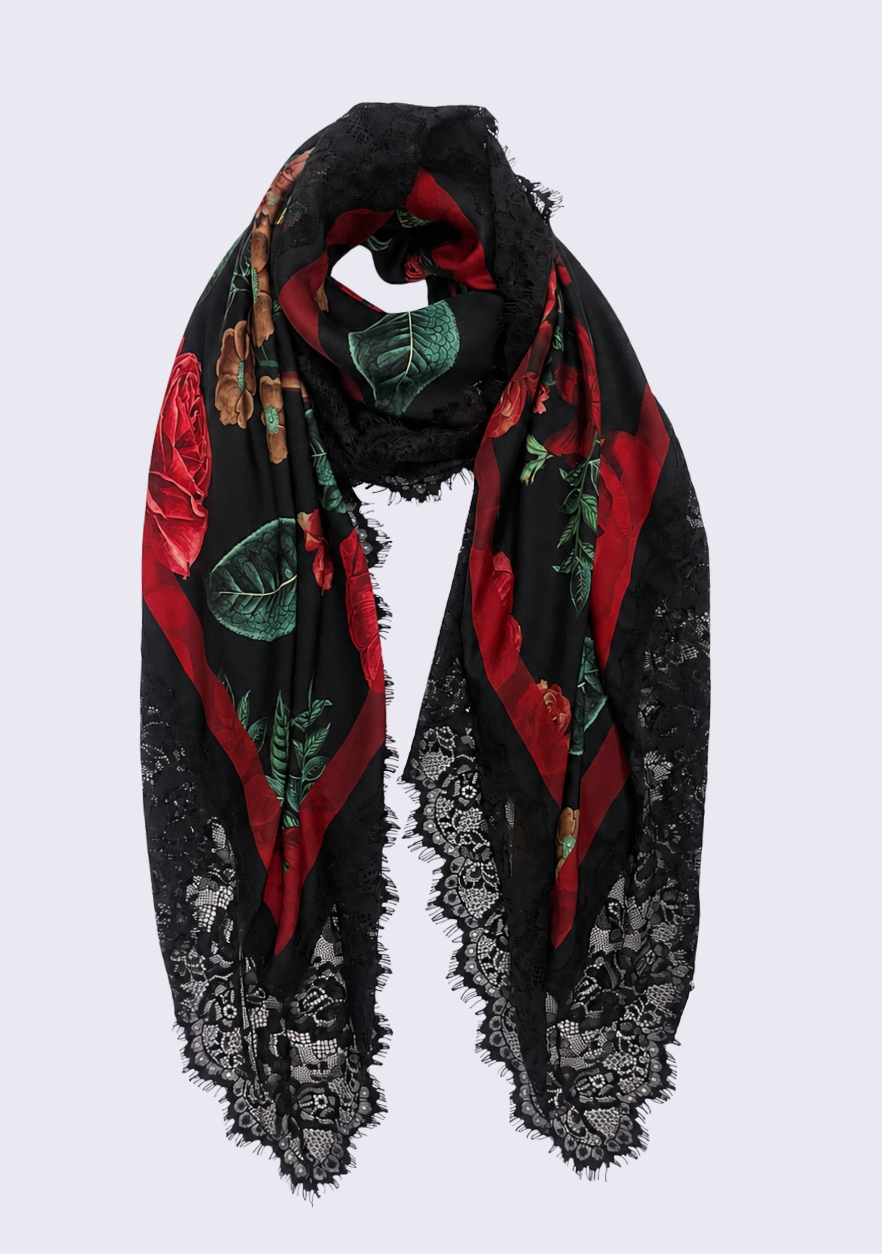 Maneesha Ruia Red Roses Print Silk Square Scarf — red rose print with black lace border in silk twill