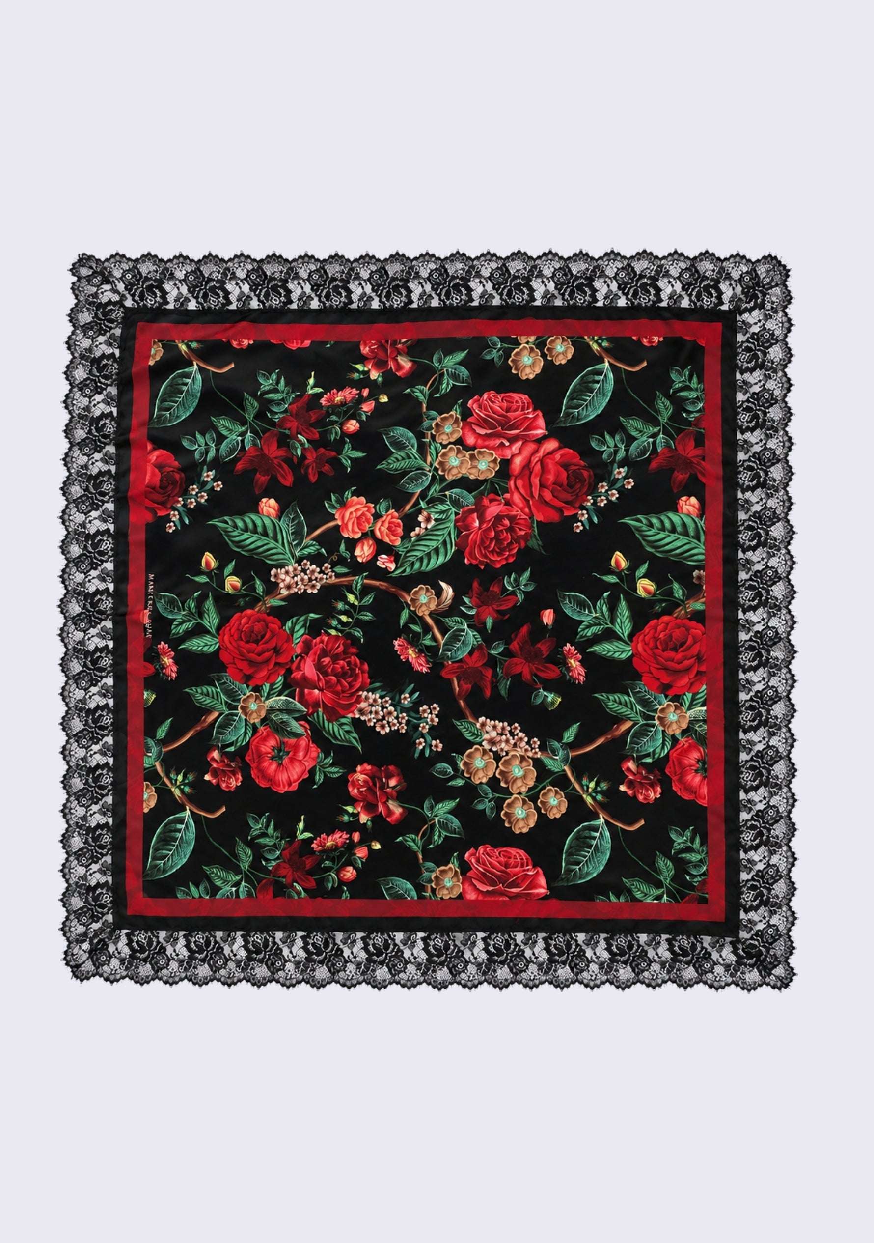 Maneesha Ruia Red Roses Print Silk Square Scarf — red rose print with black lace border in silk twill