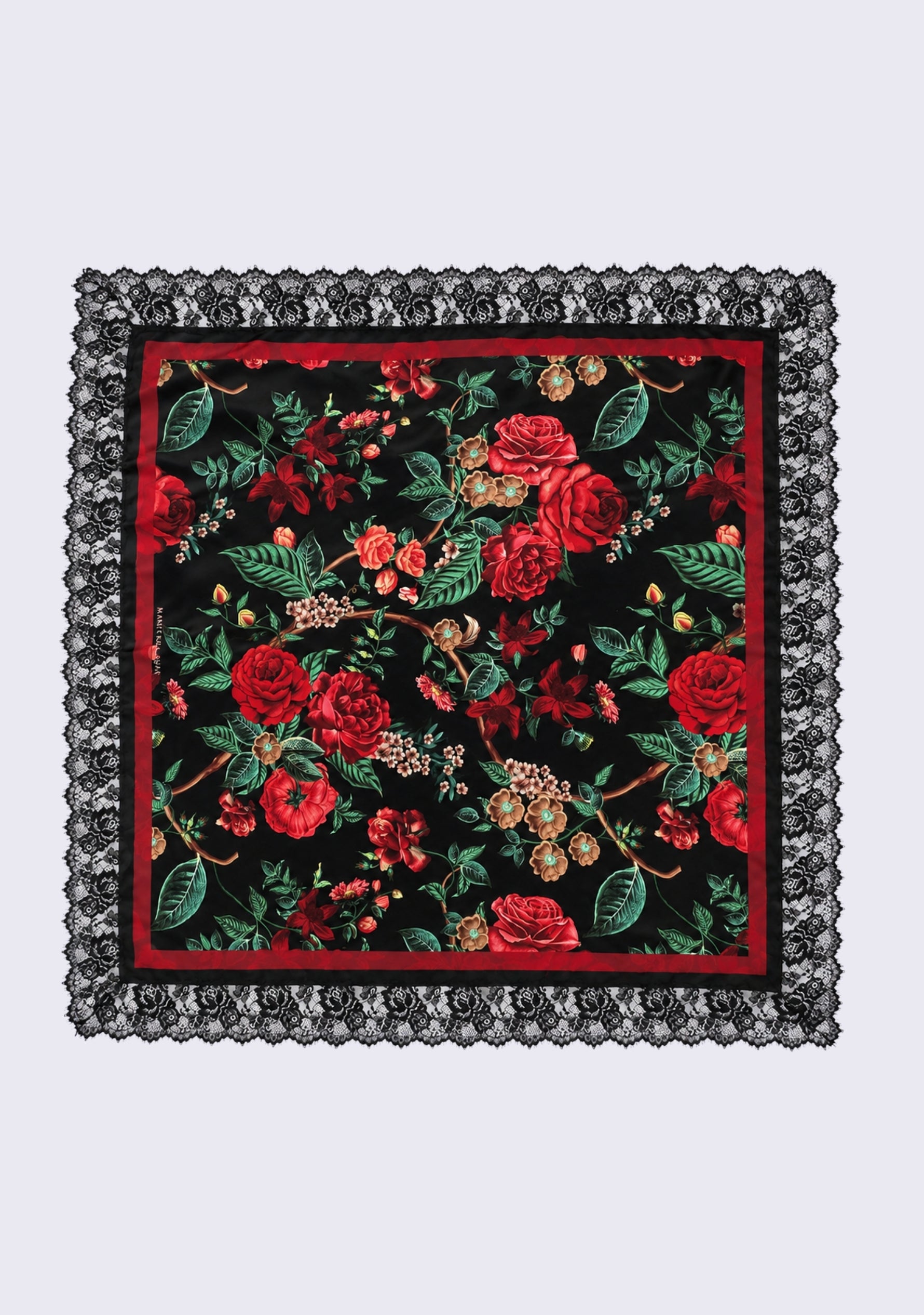 Maneesha Ruia Red Roses Print Silk Square Scarf — red rose print with black lace border in silk twill