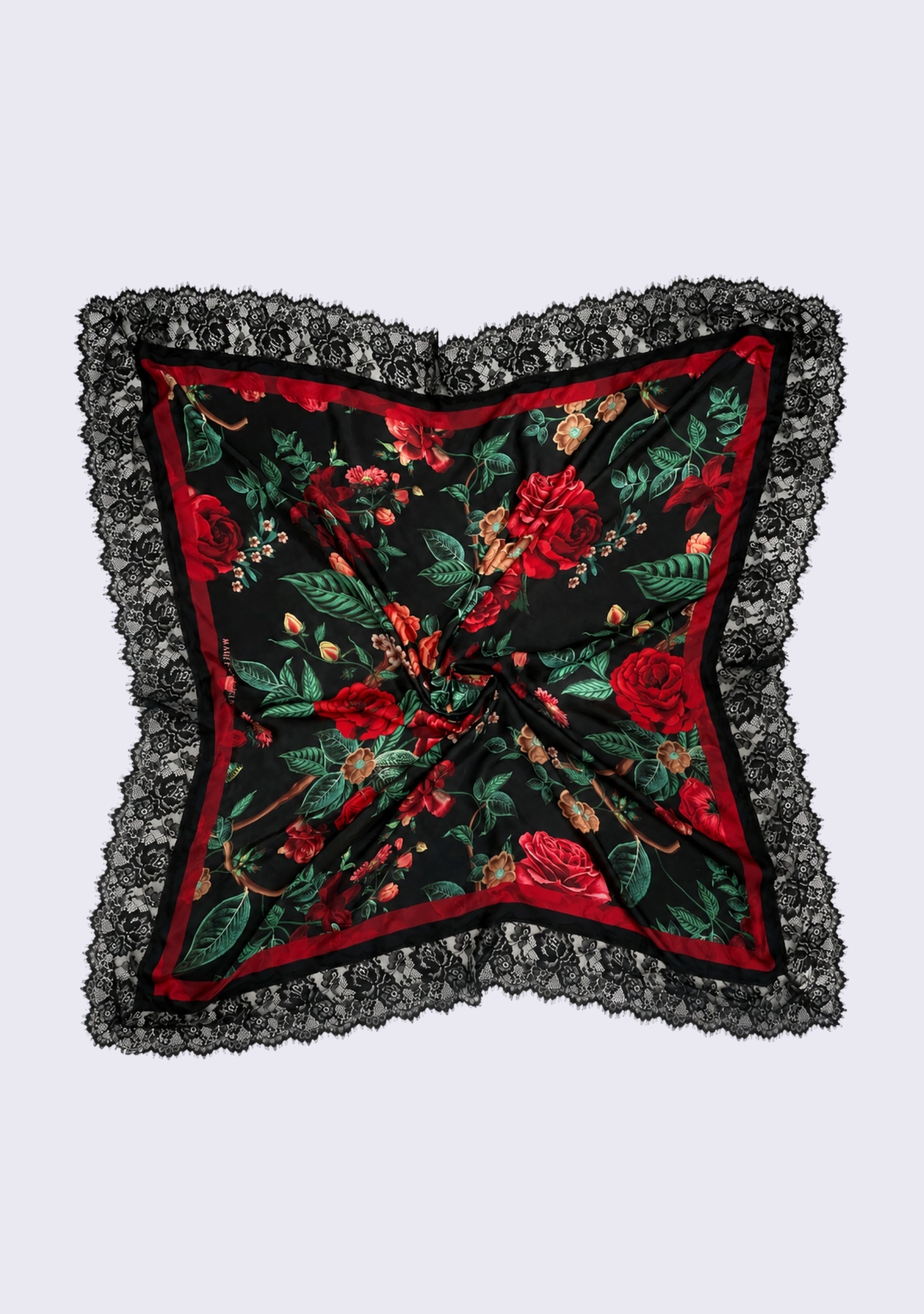 Maneesha Ruia Red Roses Print Silk Square Scarf — red rose print with black lace border in silk twill