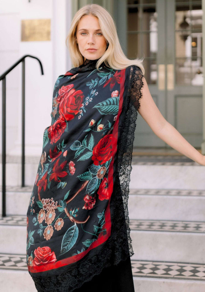 Maneesha Ruia Red Roses Print Silk Square Scarf — red rose print with black lace border in silk twill