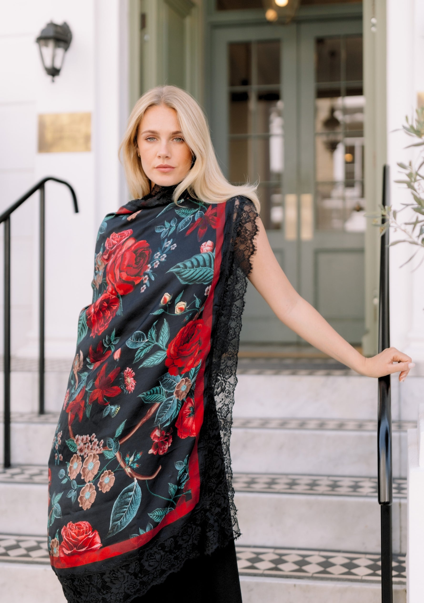 Maneesha Ruia Red Roses Print Silk Square Scarf — red rose print with black lace border in silk twill