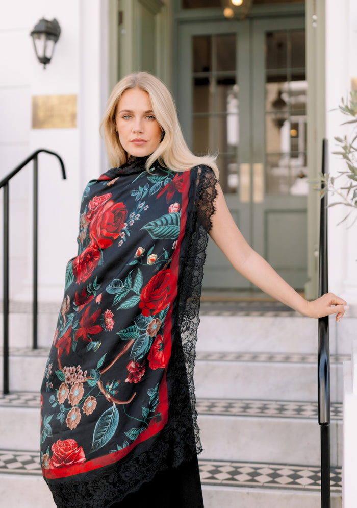 Maneesha Ruia Red Roses Print Silk Square Scarf — red rose print with black lace border in silk twill