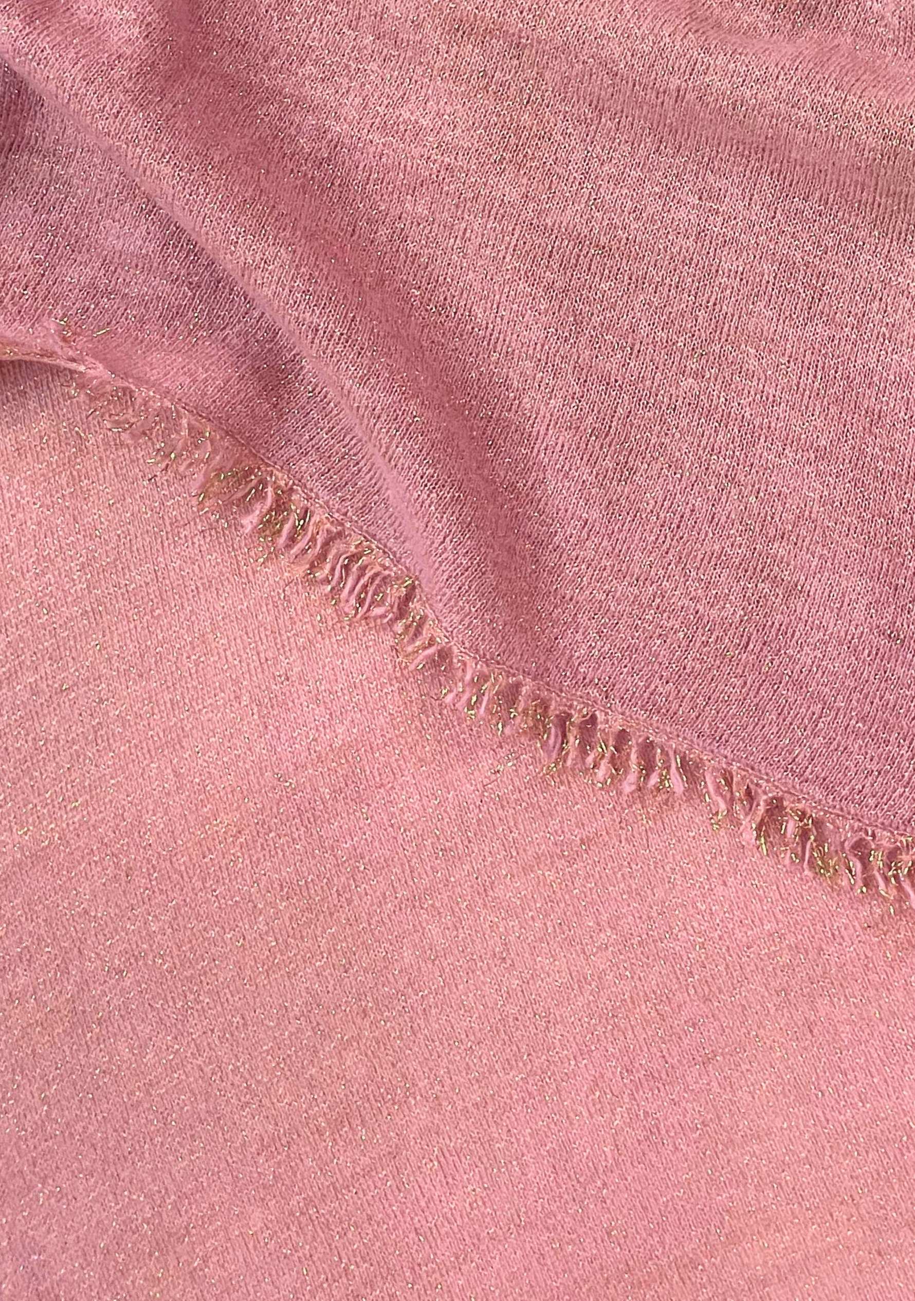 Maneesha Ruia rose pink knitted fine wool cashmere wrap with gold lurex, luxury designer wrap for women