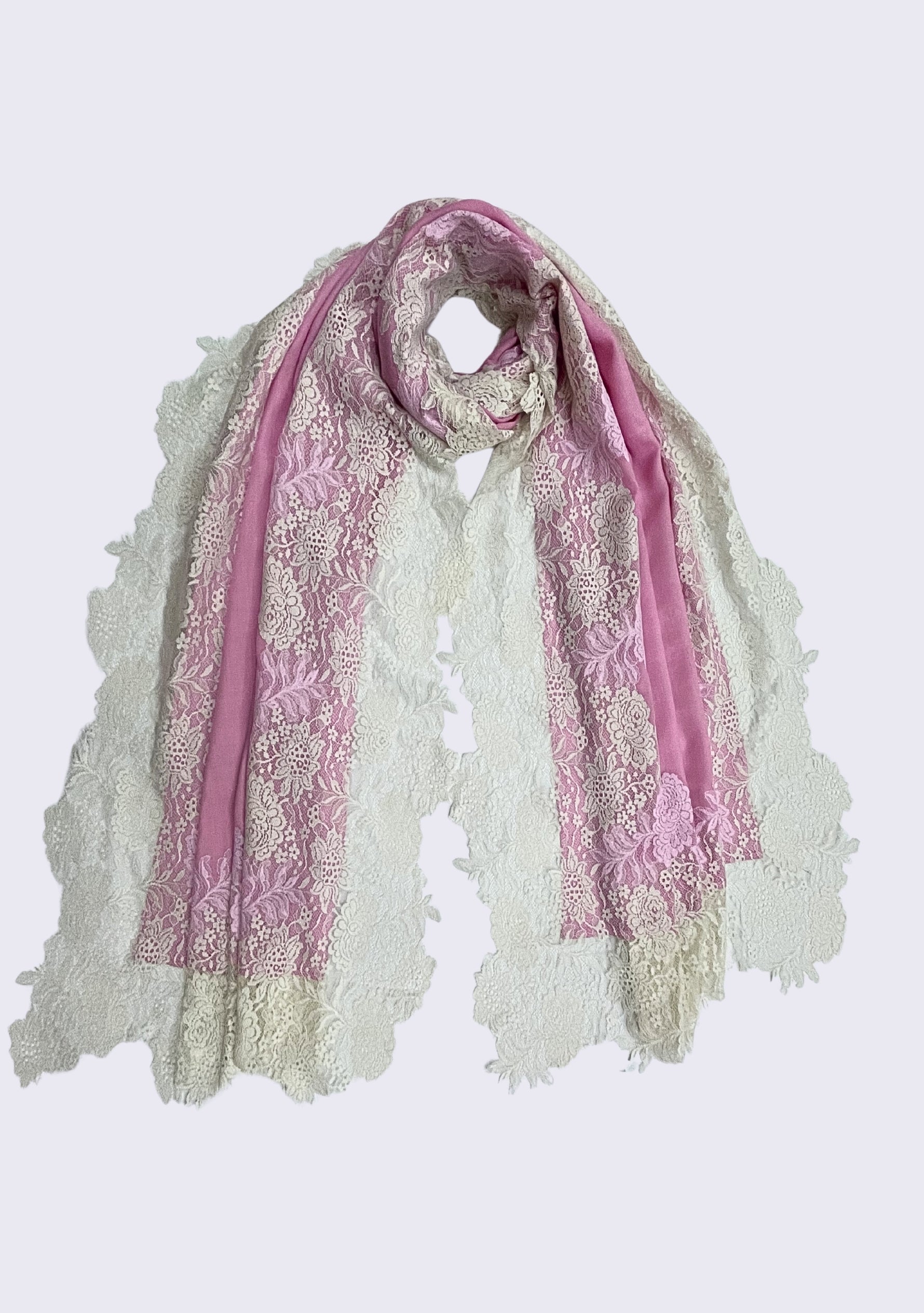 Luxury rose pink wool and silk scarf with handcrafted ivory and soft pink Chantilly floral lace, elegantly displayed to showcase its lightweight drape, intricate floral lace craftsmanship, and timeless designer style.