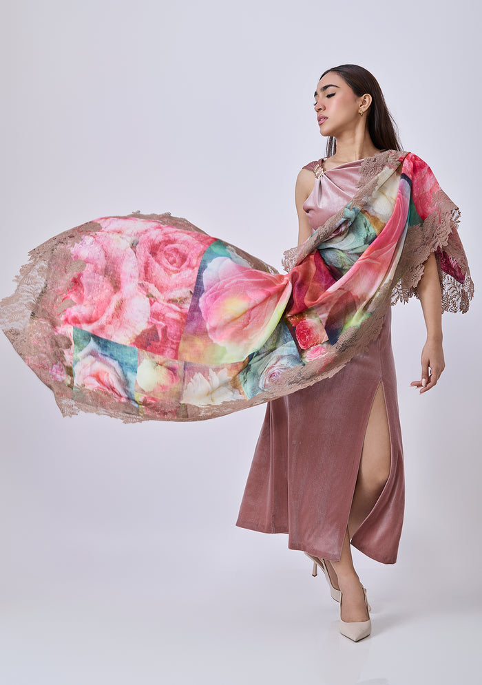 Maneesha Ruia roses print wool and silk scarf with sienna floral lace border in soft pink and cream designer wrap