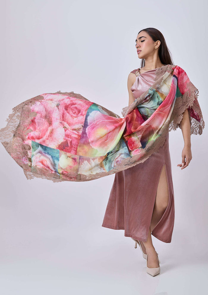 Maneesha Ruia roses print wool and silk scarf with sienna floral lace border in soft pink and cream designer wrap