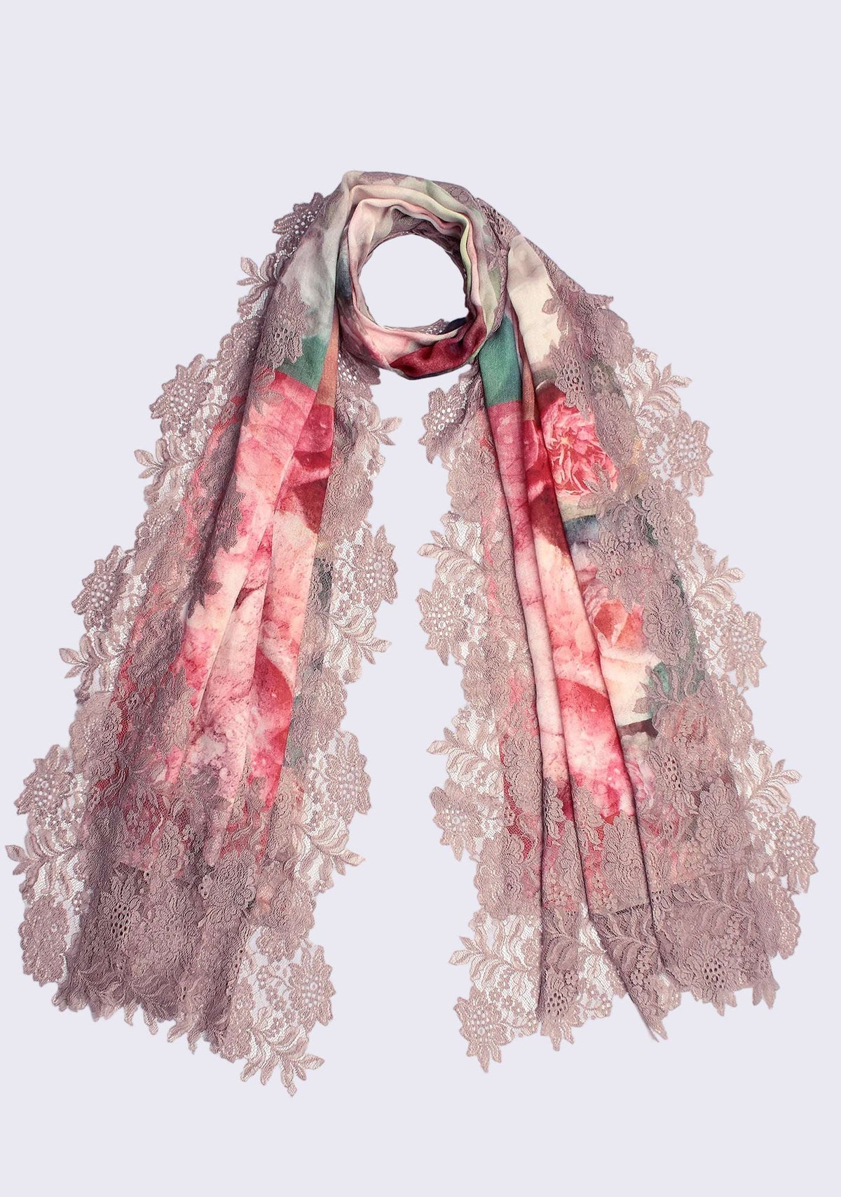 Maneesha Ruia roses print wool and silk scarf with sienna floral lace border in soft pink and cream designer wrap