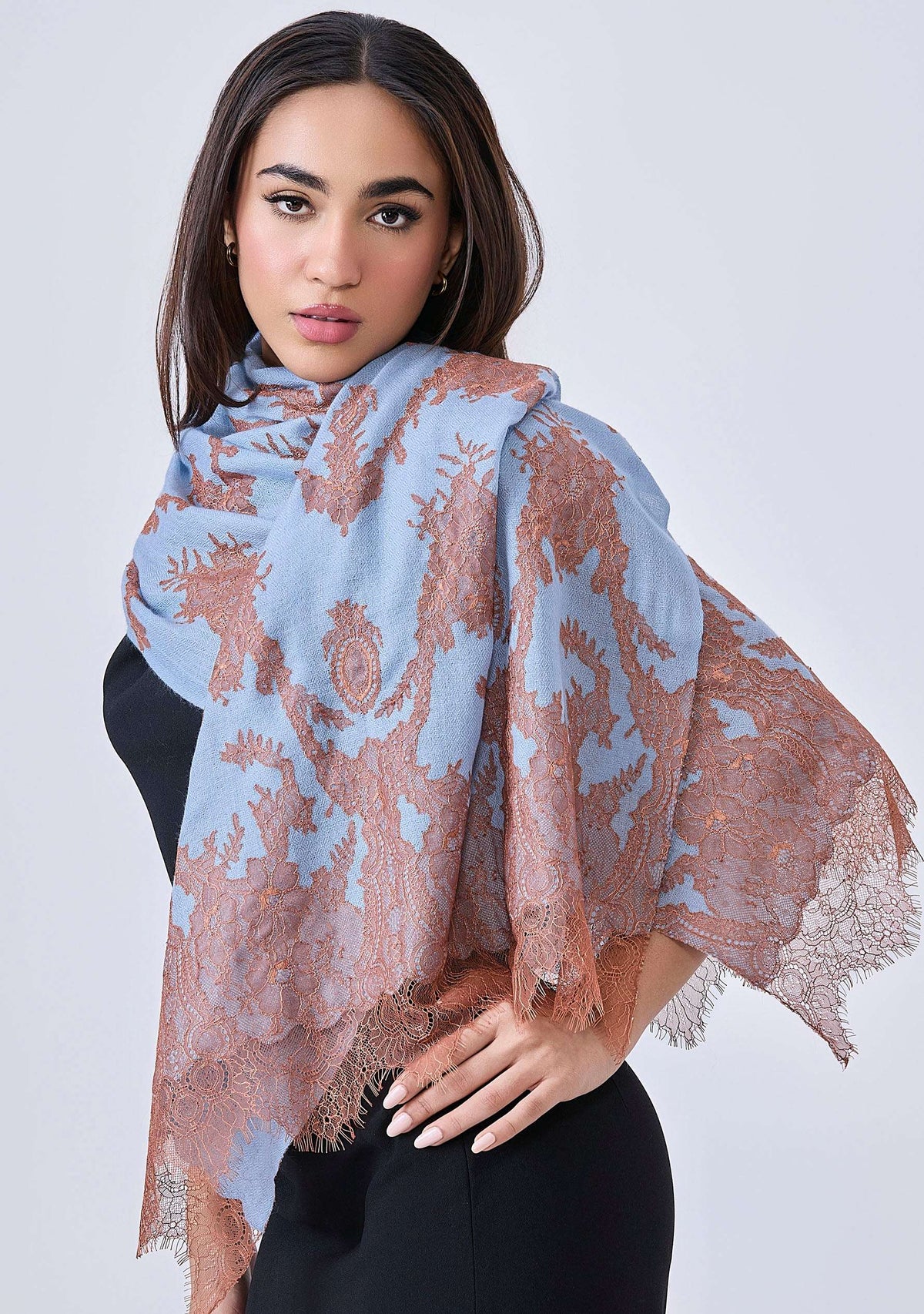Maneesha Ruia Steel Blue Cashmere Scarf — mocha mousse filigree lace appliqué on luxuriously soft cashmere