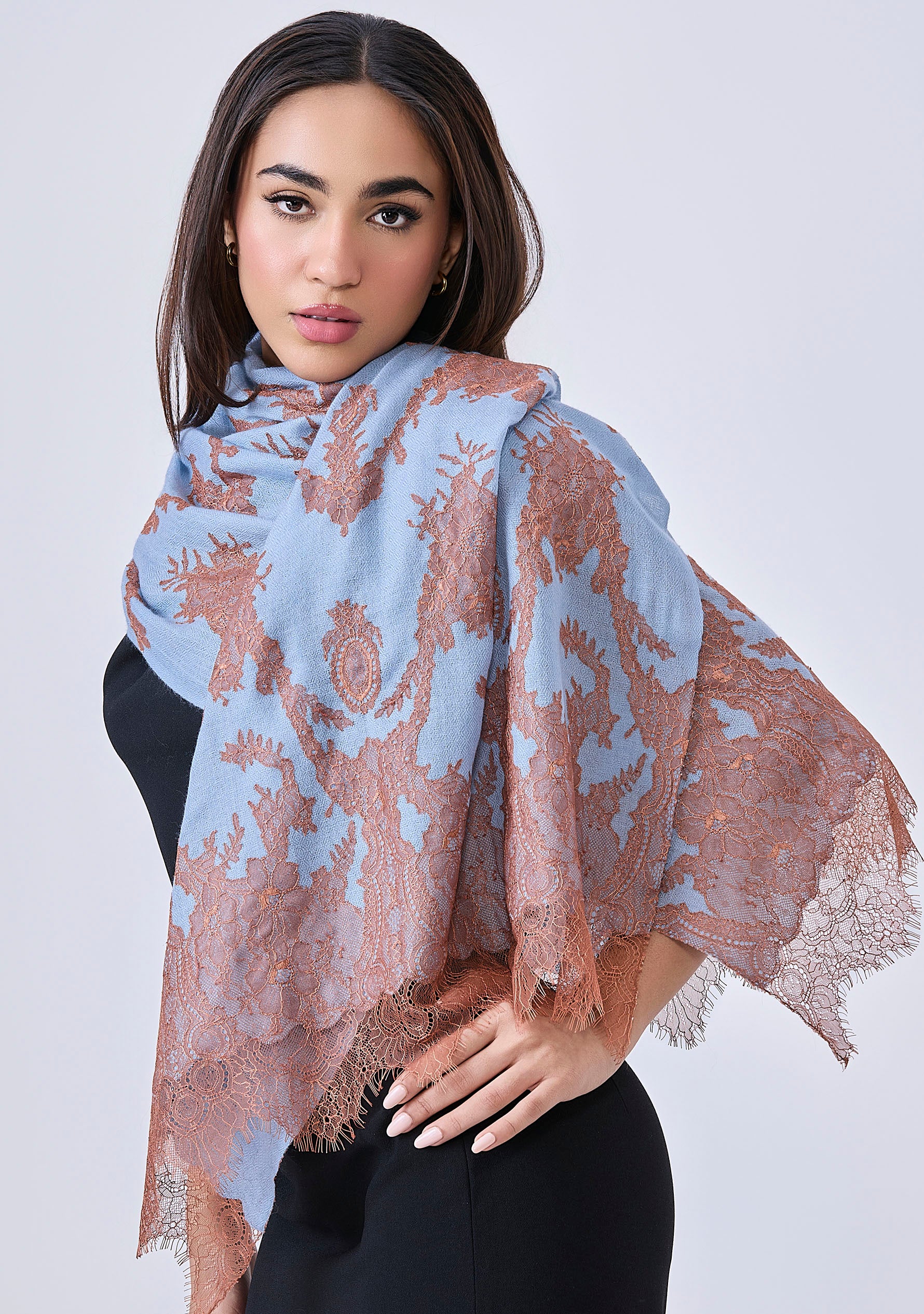 Maneesha Ruia Steel Blue Cashmere Scarf — mocha mousse filigree lace appliqué on luxuriously soft cashmere