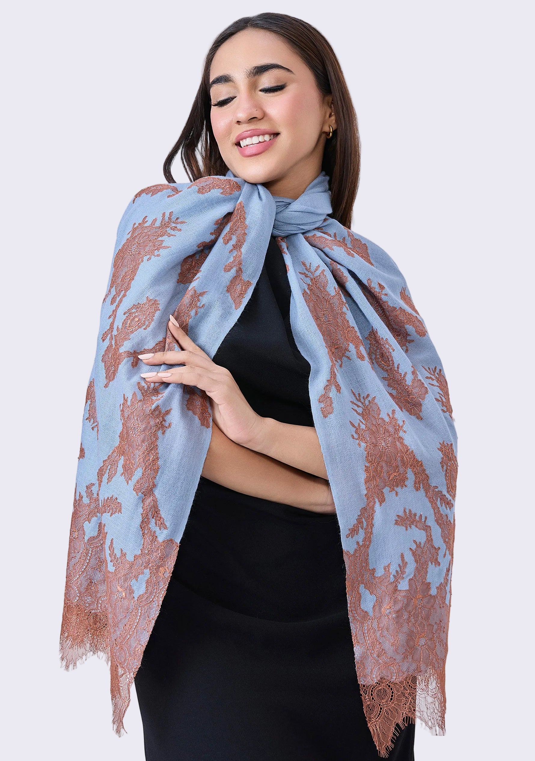 Maneesha Ruia Steel Blue Cashmere Scarf — mocha mousse filigree lace appliqué on luxuriously soft cashmere