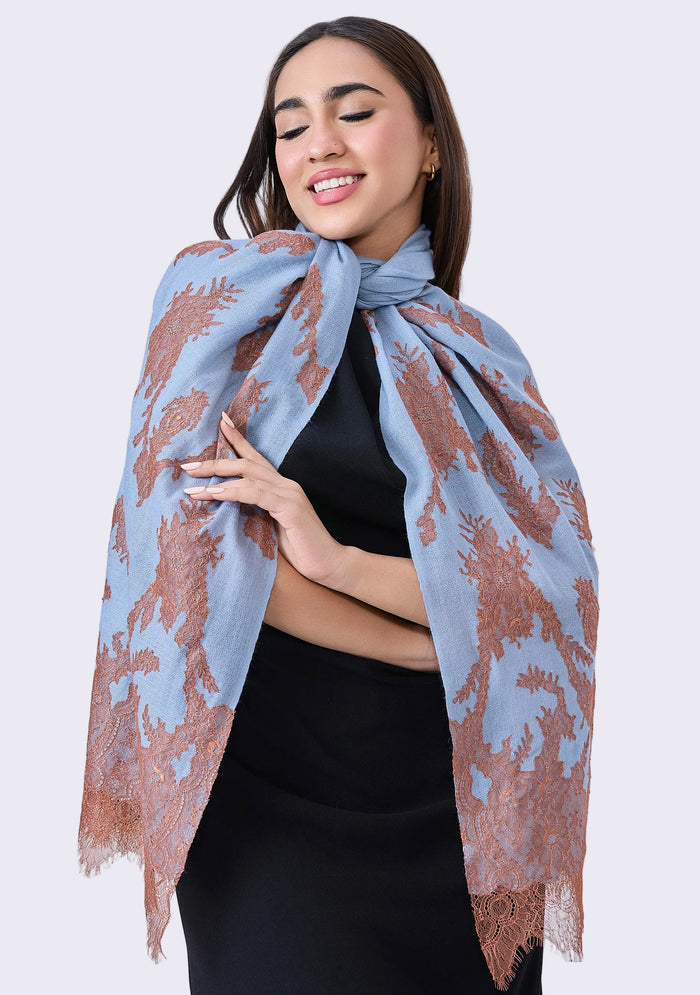 Maneesha Ruia Steel Blue Cashmere Scarf — mocha mousse filigree lace appliqué on luxuriously soft cashmere