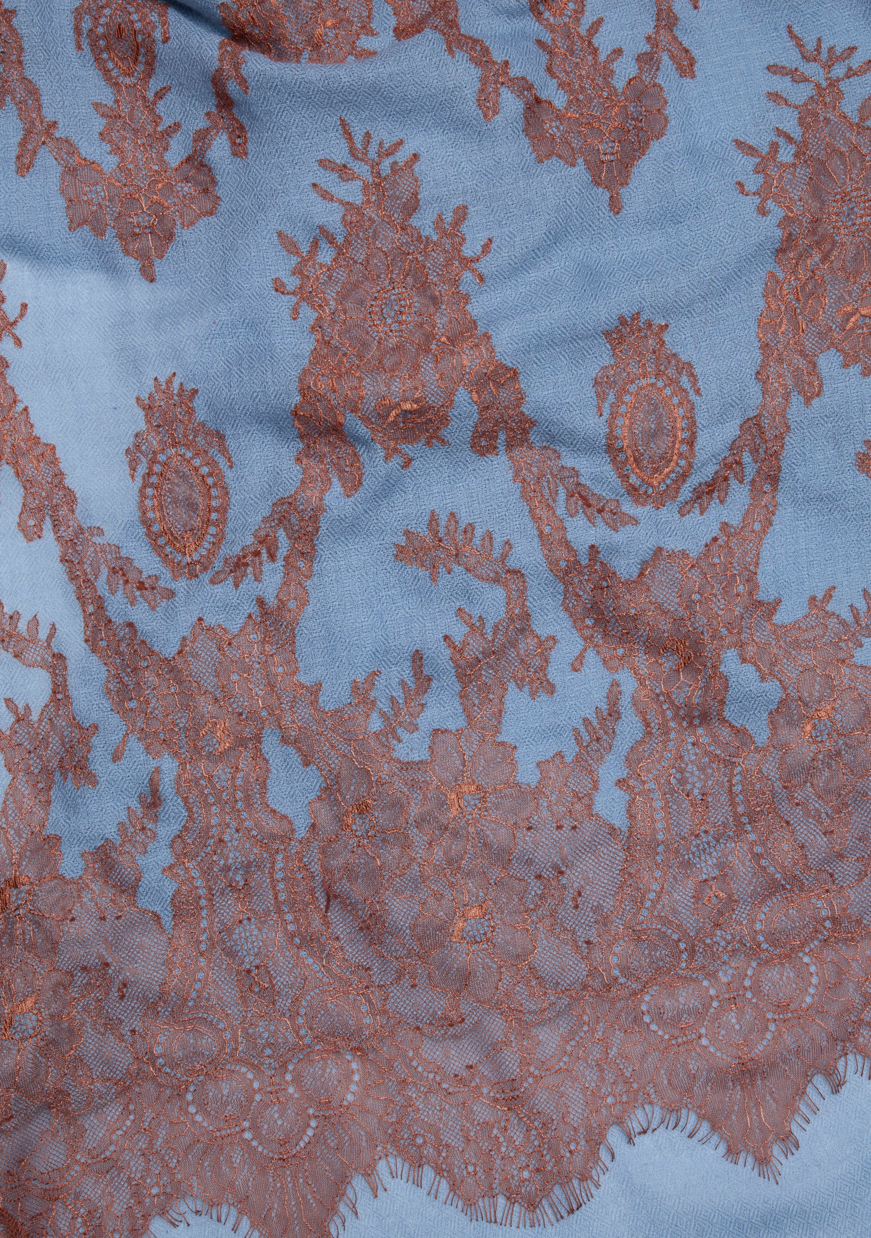 Maneesha Ruia Steel Blue Cashmere Scarf — mocha mousse filigree lace appliqué on luxuriously soft cashmere