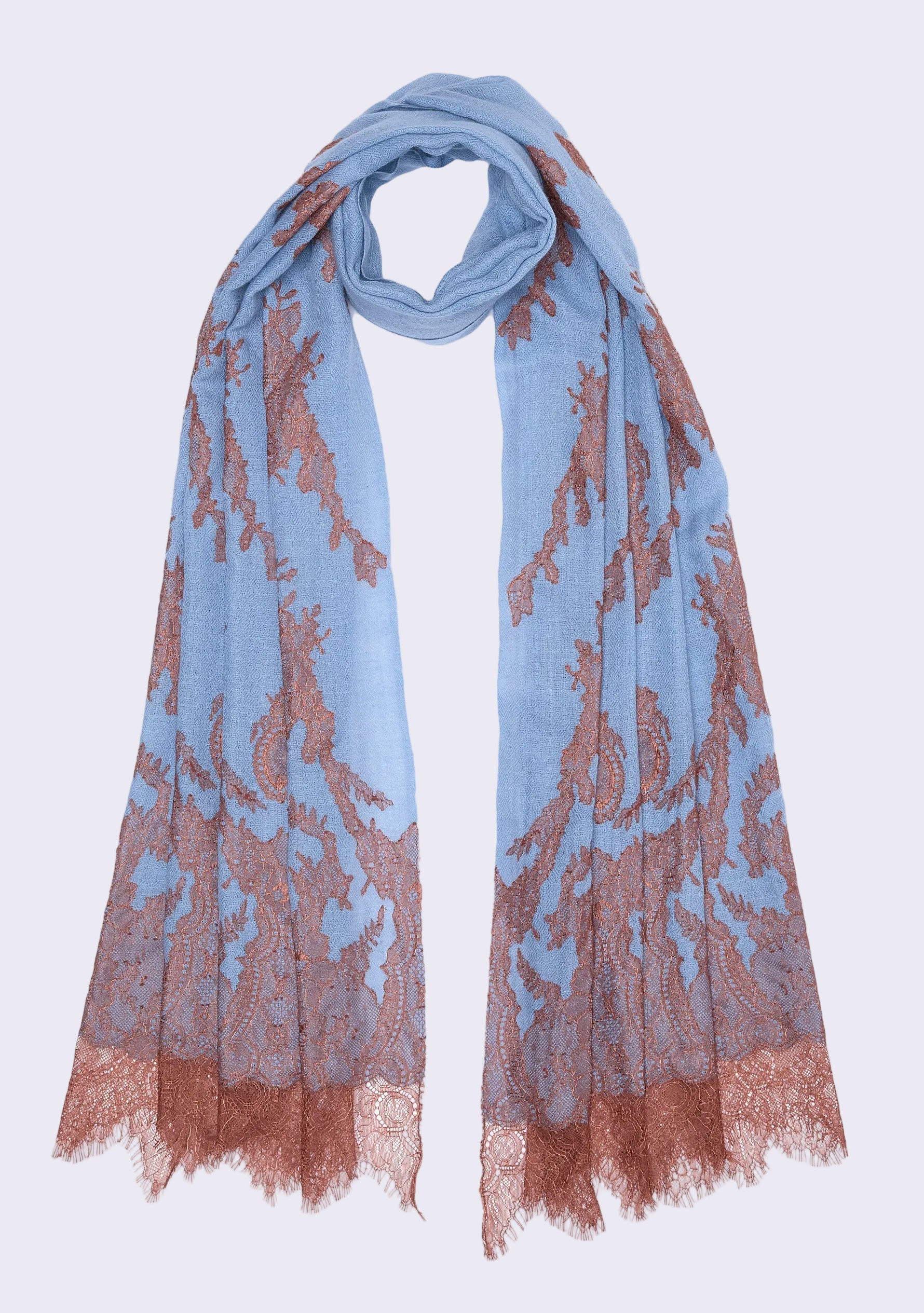 Maneesha Ruia Steel Blue Cashmere Scarf — mocha mousse filigree lace appliqué on luxuriously soft cashmere