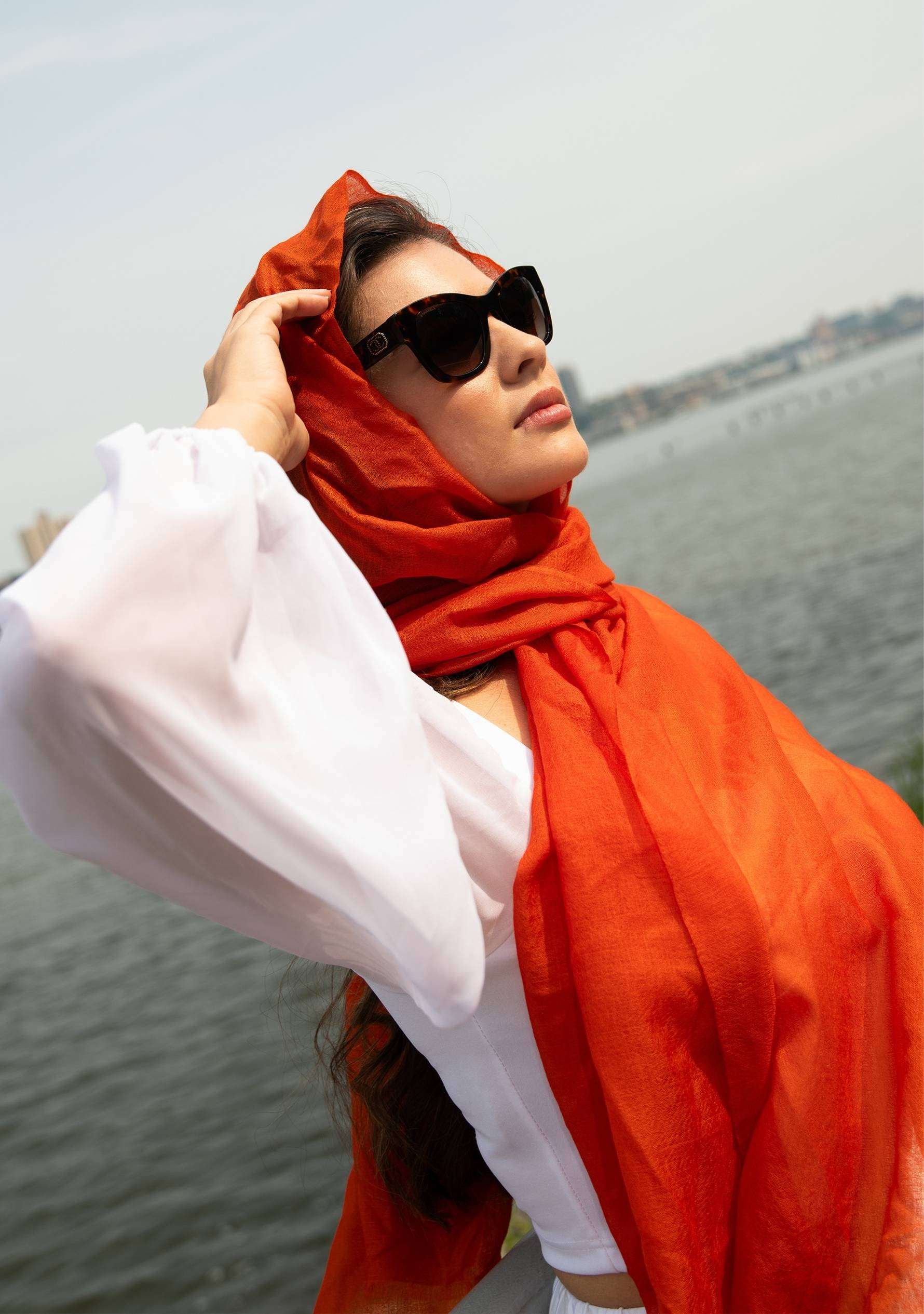 Maneesha Ruia tangerine orange superfine cashmere pashmina scarf, luxury designer scarf for women