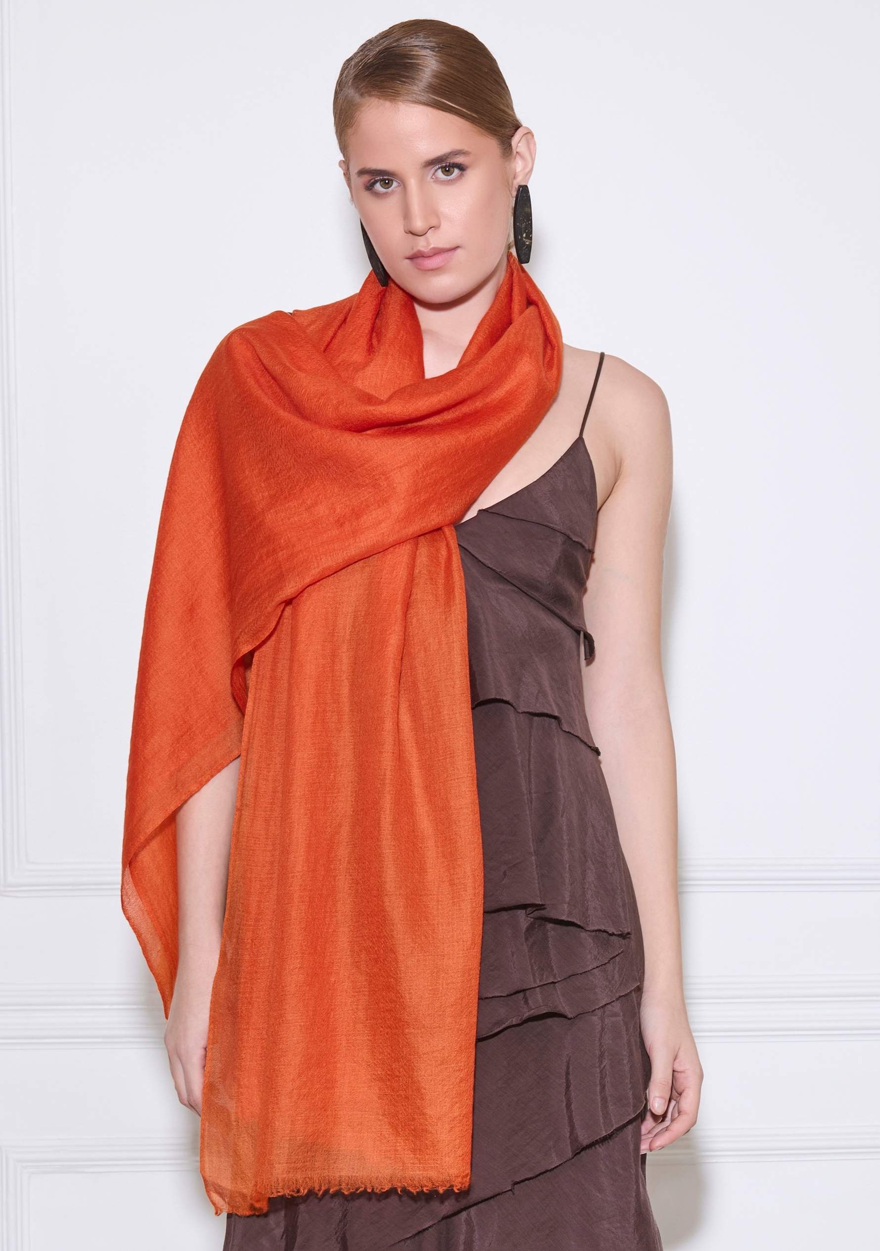 Maneesha Ruia tangerine orange superfine cashmere pashmina scarf, luxury designer scarf for women