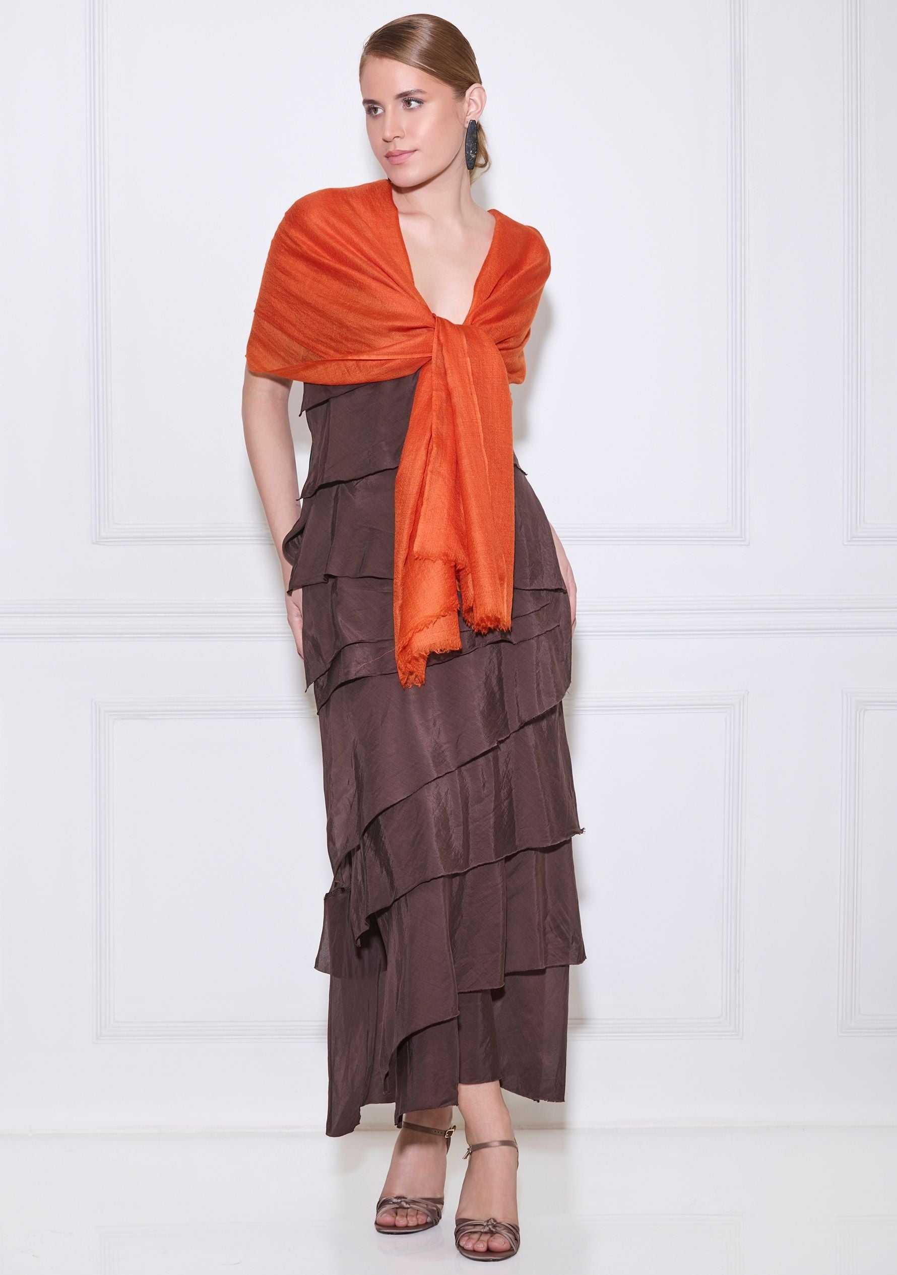 Maneesha Ruia tangerine orange superfine cashmere pashmina scarf, luxury designer scarf for women