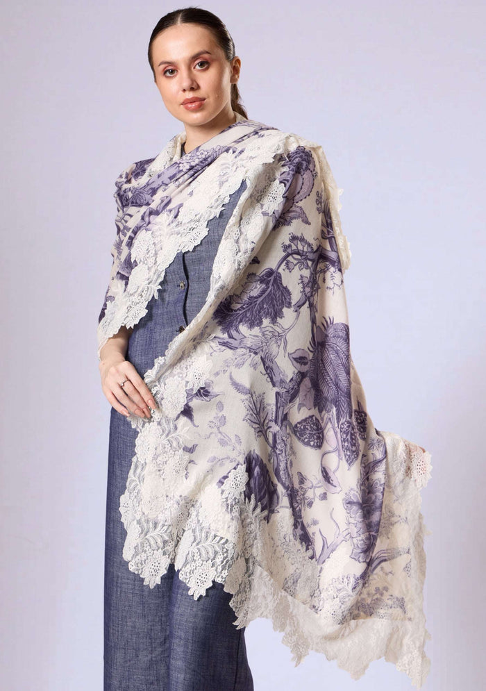 Maneesha Ruia violet Jacobean print wool and silk scarf with ivory lace, luxury designer floral scarf for women