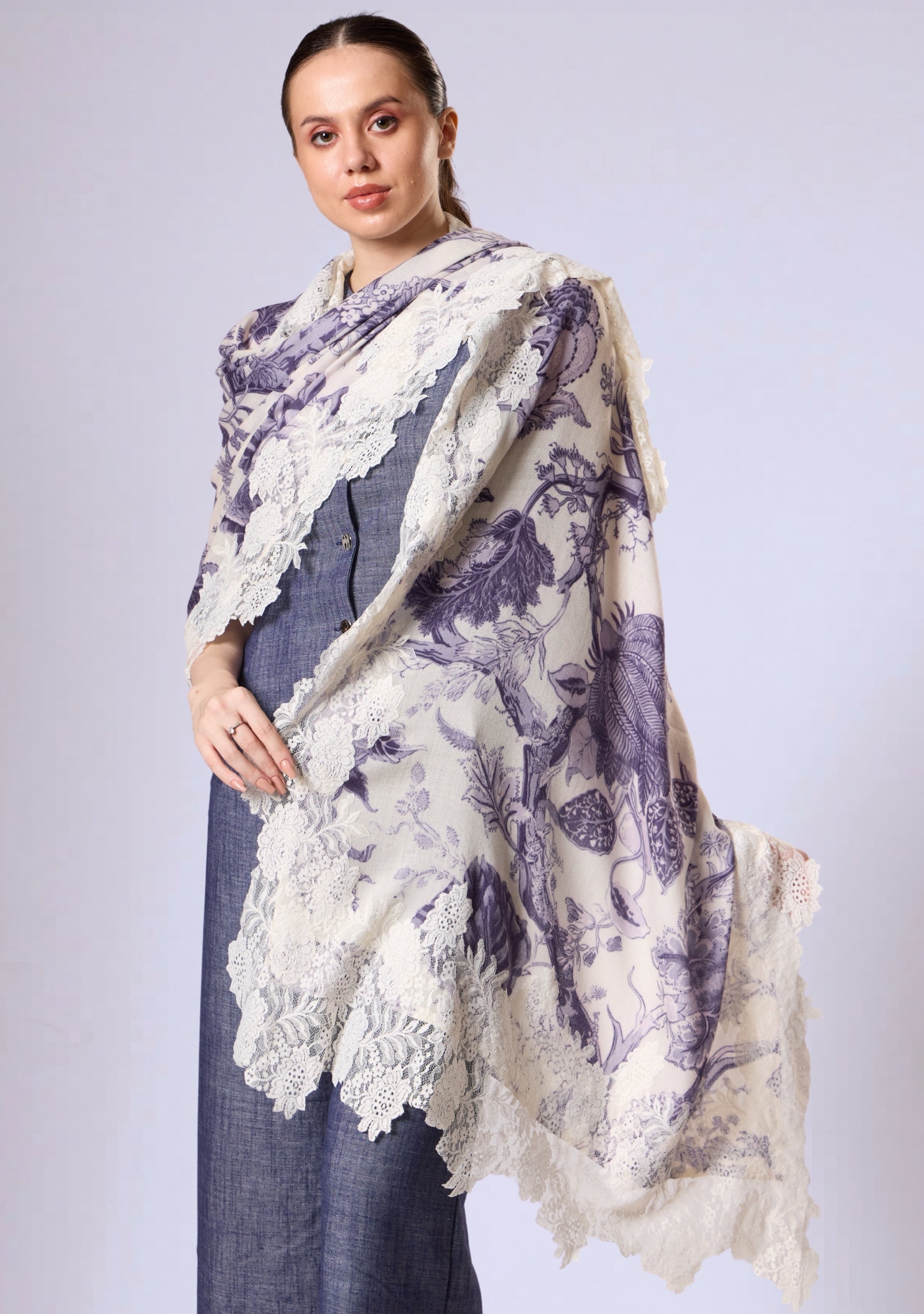 Maneesha Ruia violet Jacobean print wool and silk scarf with ivory lace, luxury designer floral scarf for women