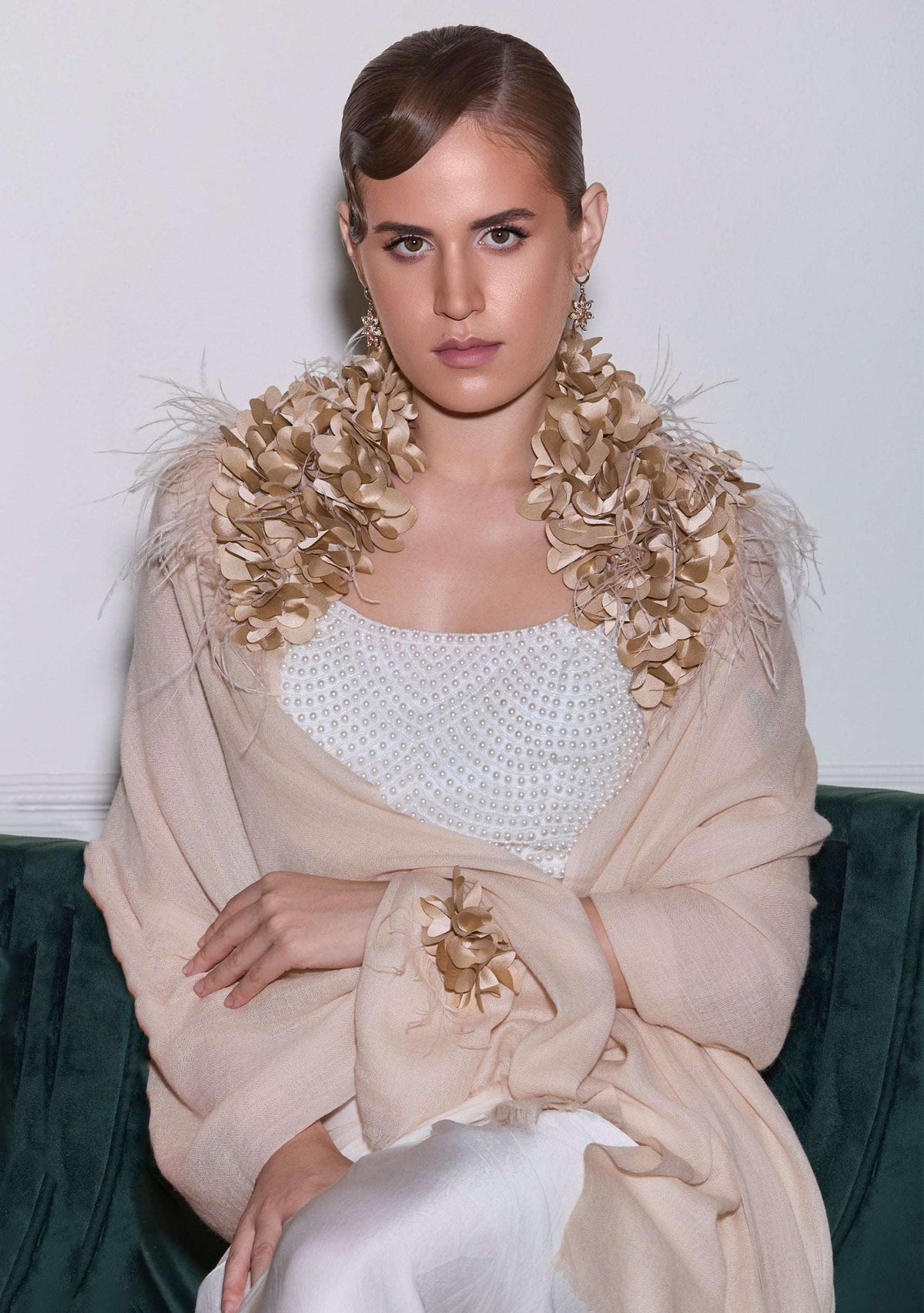 Beige Cashmere Scarf Beige Feather & Satin Appliques