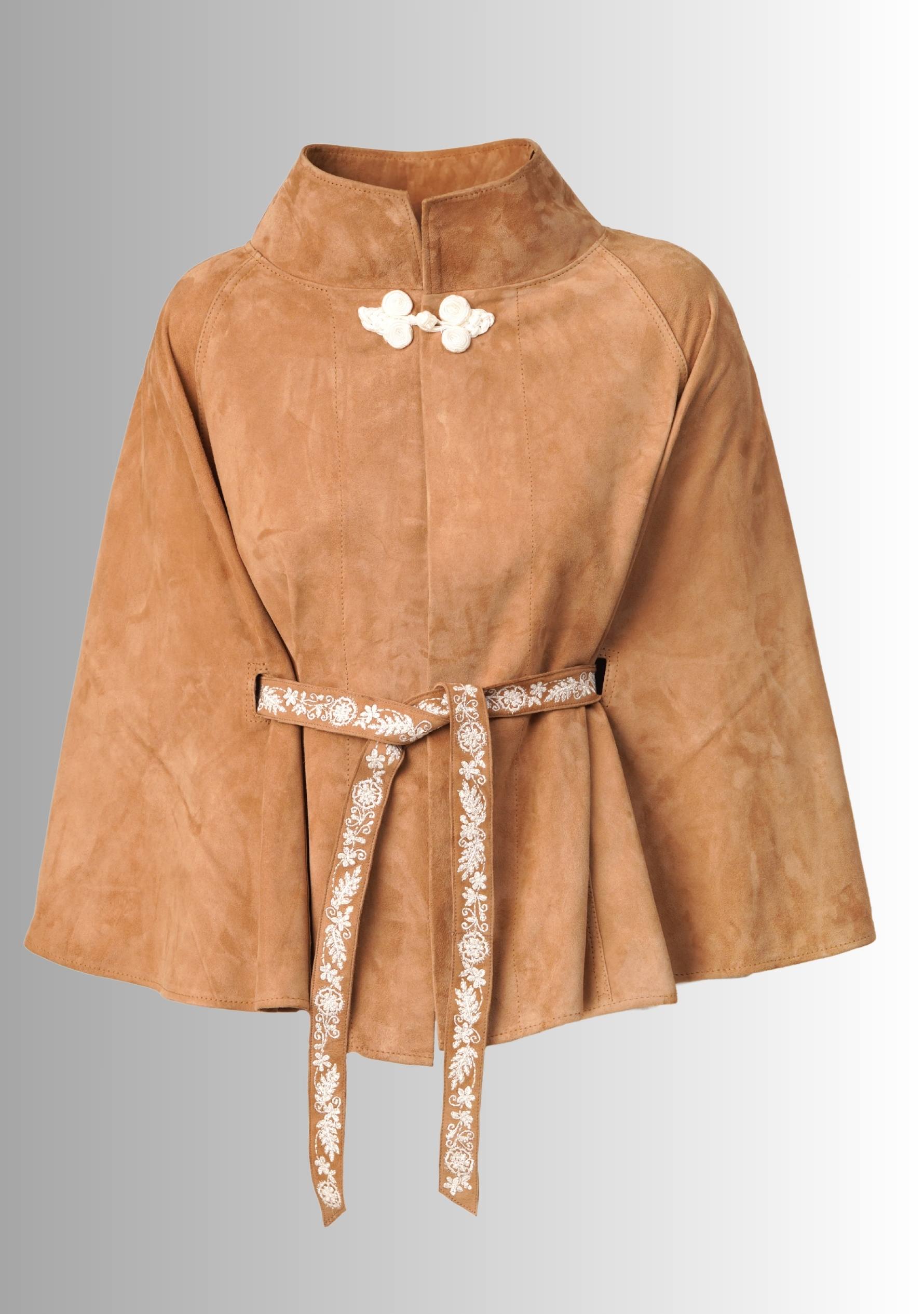 Camel Suede Leather Jacket Ivory Embroidered Belt