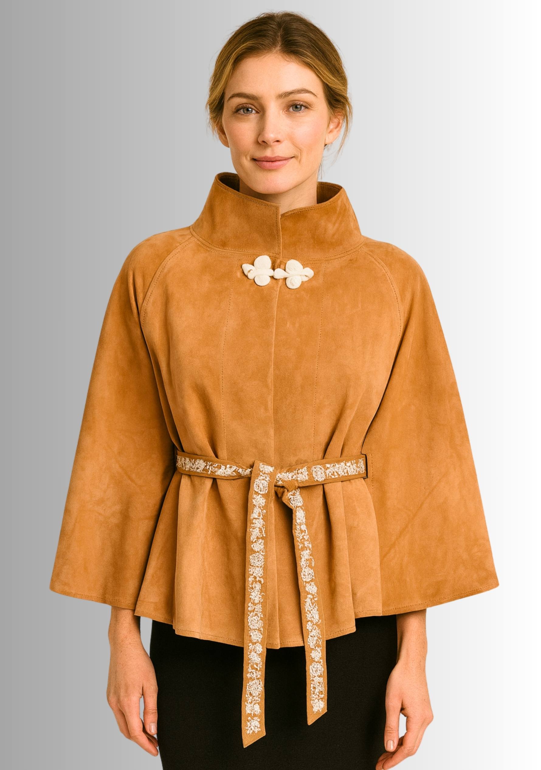 Camel Suede Leather Jacket Ivory Embroidered Belt