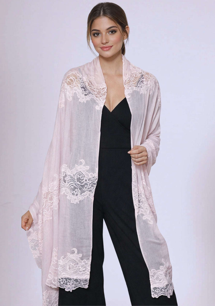Maneesha Ruia soft pink modal silk scarf with soft pink lace panels, luxury designer wrap on female model in black outfit